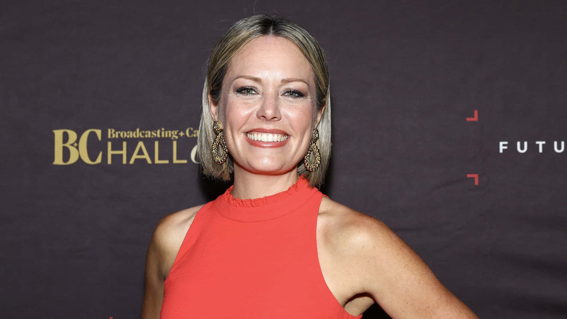 Dylan Dreyer, red sleeveless dress, dark backdrop, Full HD Desktop Wallpaper
