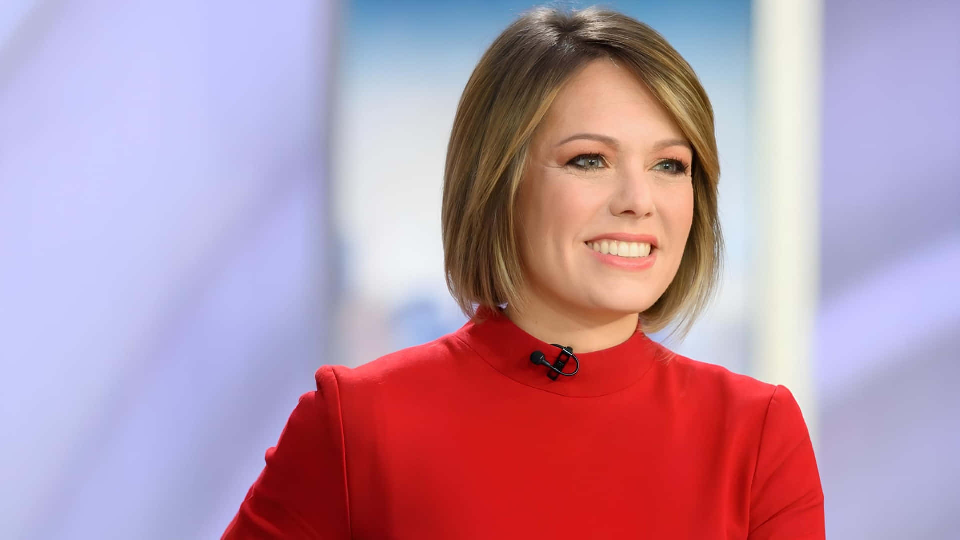Dylan Dreyer, red high-neck top, soft blue and white blurred background, Full HD Desktop Wallpaper