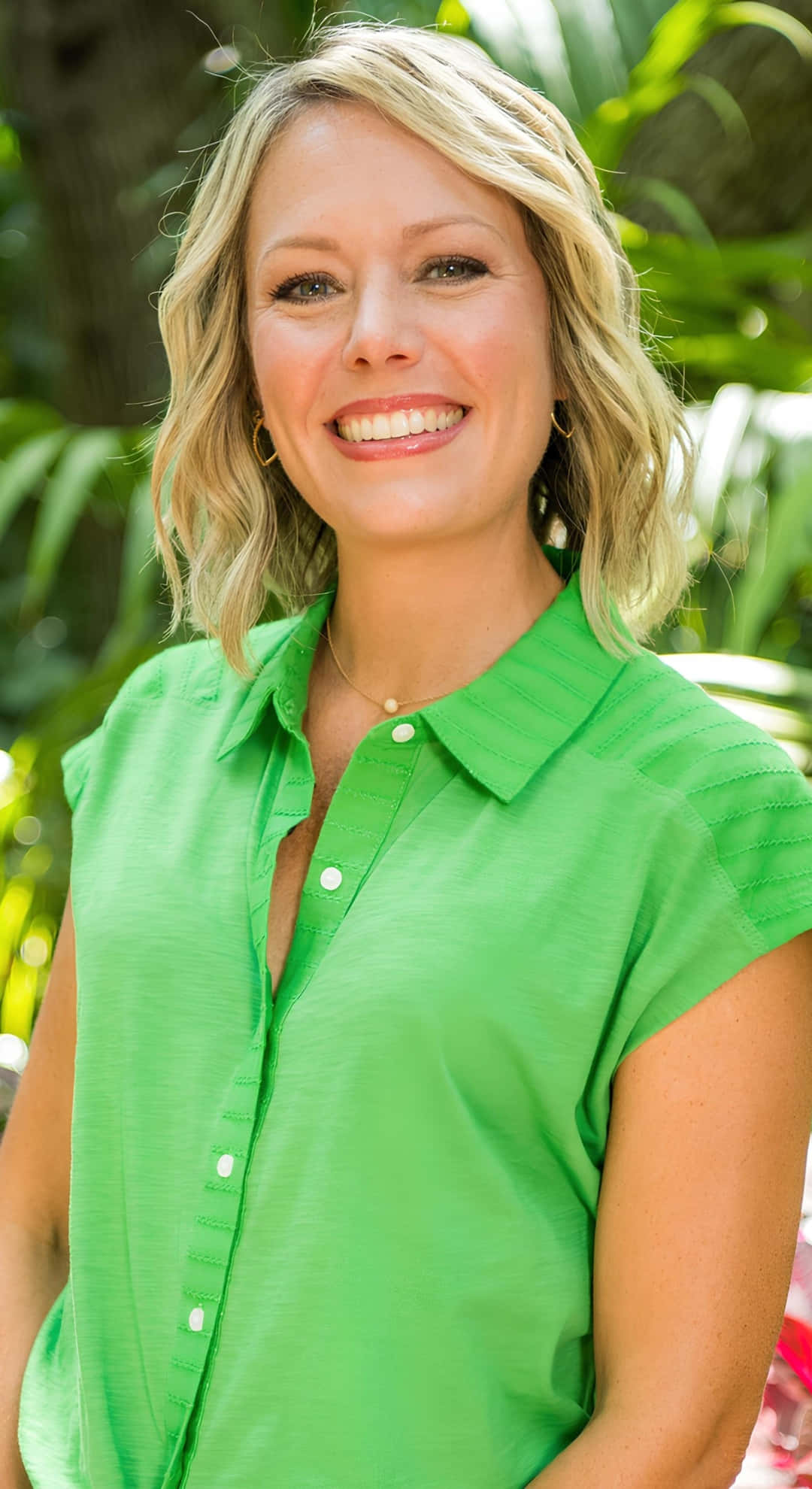 Dylan Dreyer, bright green sleeveless shirt, lush green foliage, Full HD Phone Wallpaper