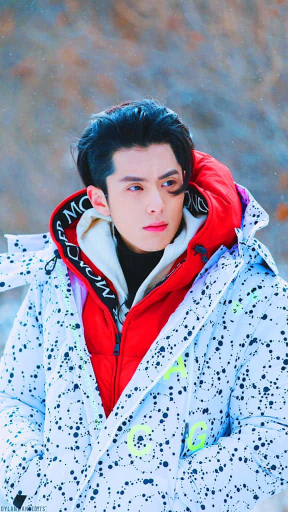 Dylan Wang, white speckled jacket, red inner hood, SD Phone Wallpaper