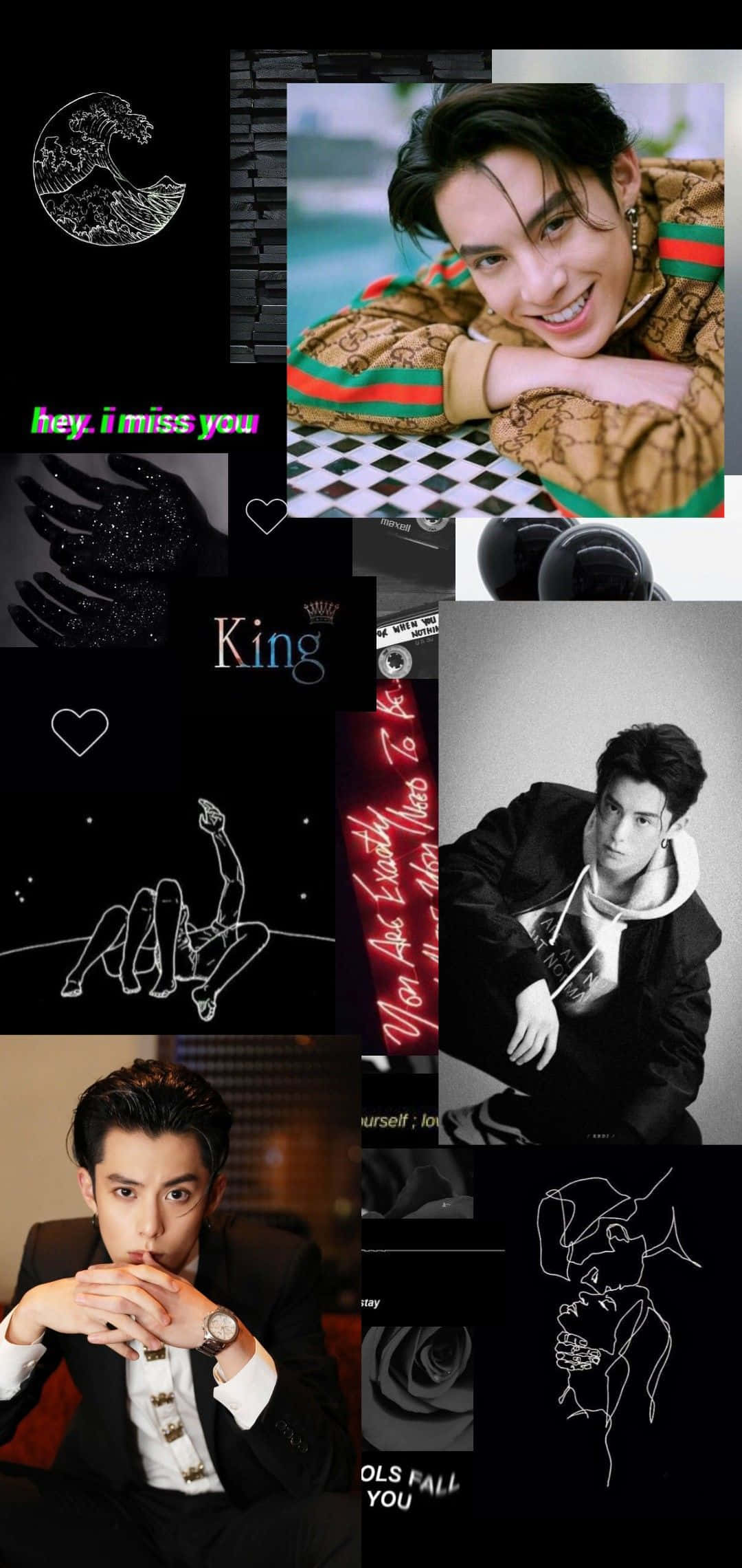 Dylan Wang, patterned jacket, black and white portraits, Full HD Phone Wallpaper