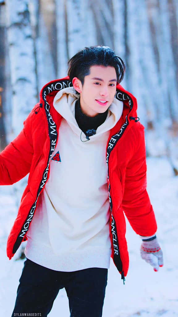 Dylan Wang, bright red Moncler jacket, snowy birch forest, SD Phone Wallpaper