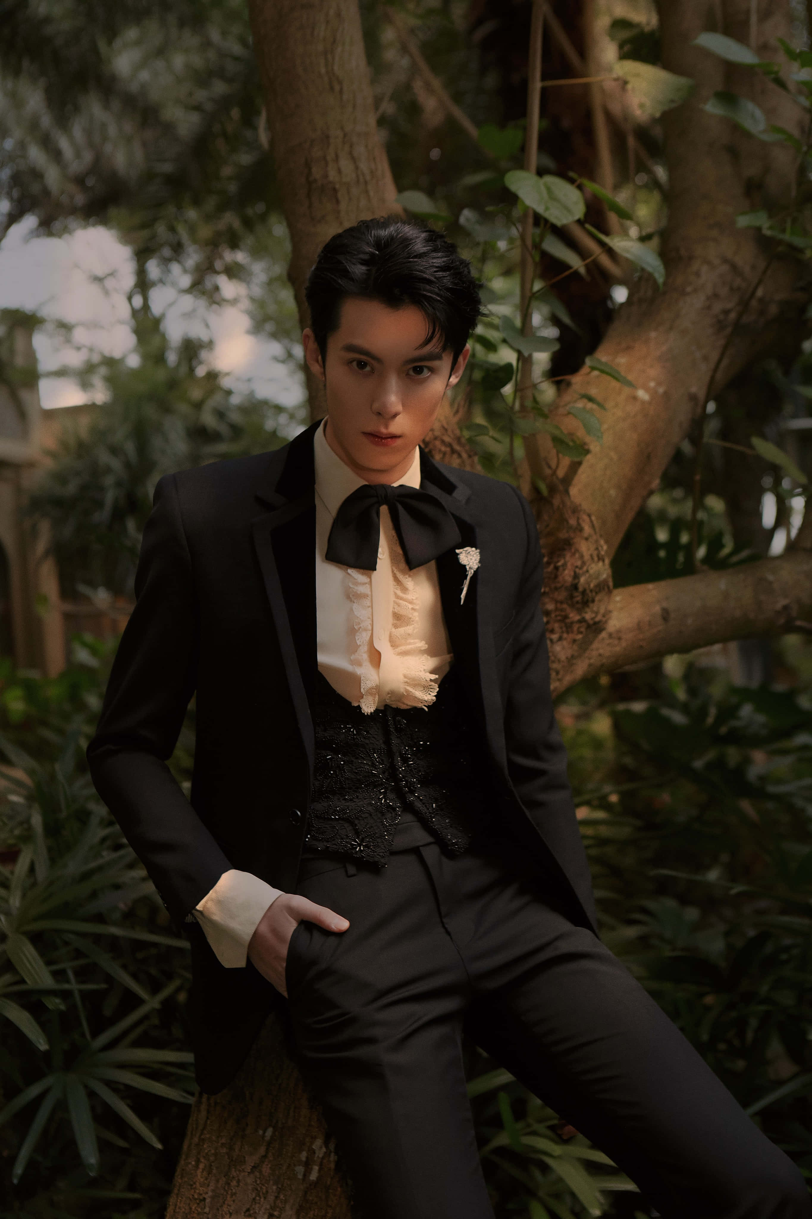 Dylan Wang, black tuxedo, cream bow tie, 4K Phone Wallpaper