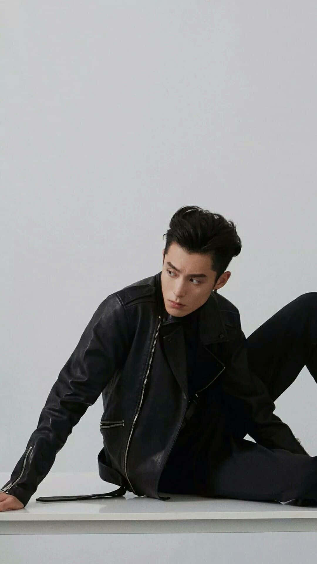 Dylan Wang, black leather jacket, white surface, Full HD Phone Wallpaper