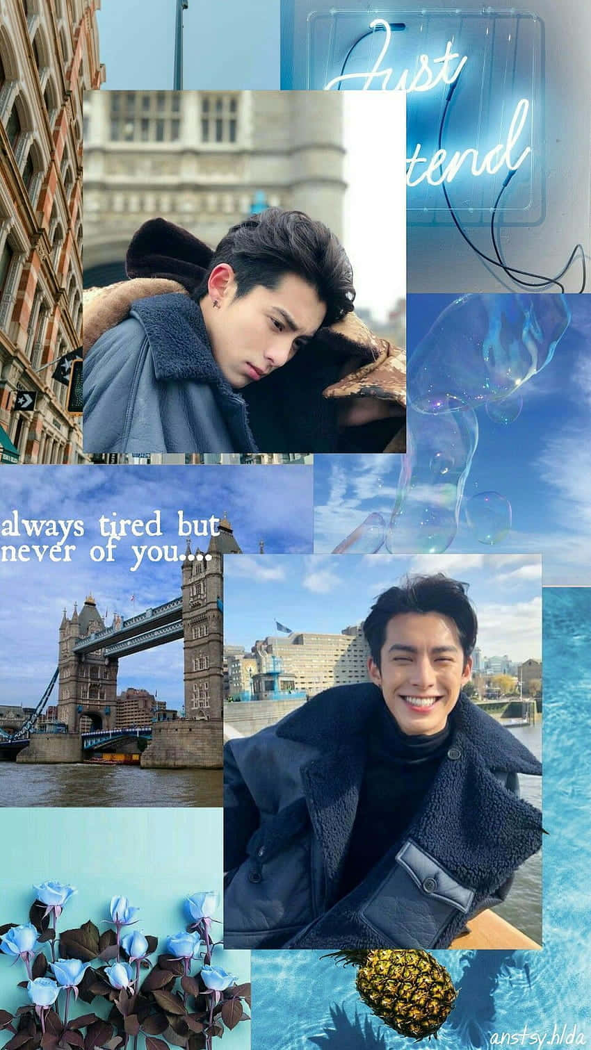 Dylan Wang, neon signs, blue floral accents, HD Phone Wallpaper
