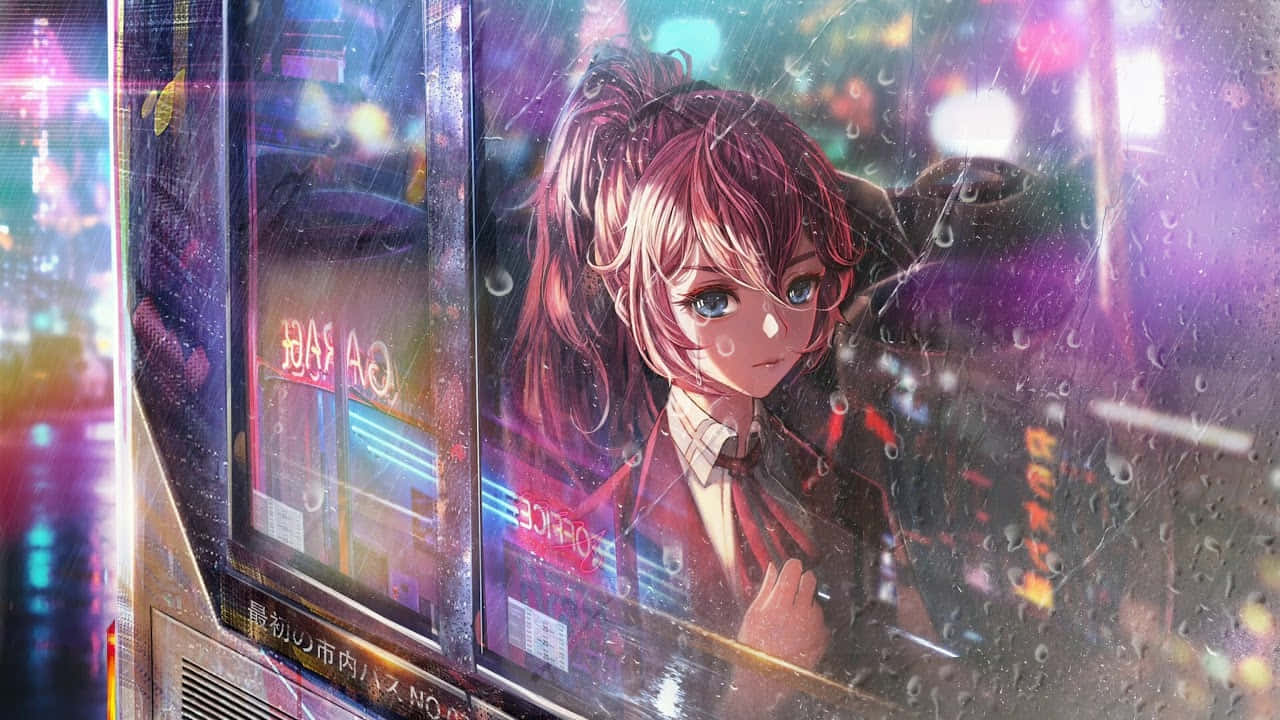 red-haired anime girl, rain-splattered window, neon-lit cityscape, HD Desktop Wallpaper
