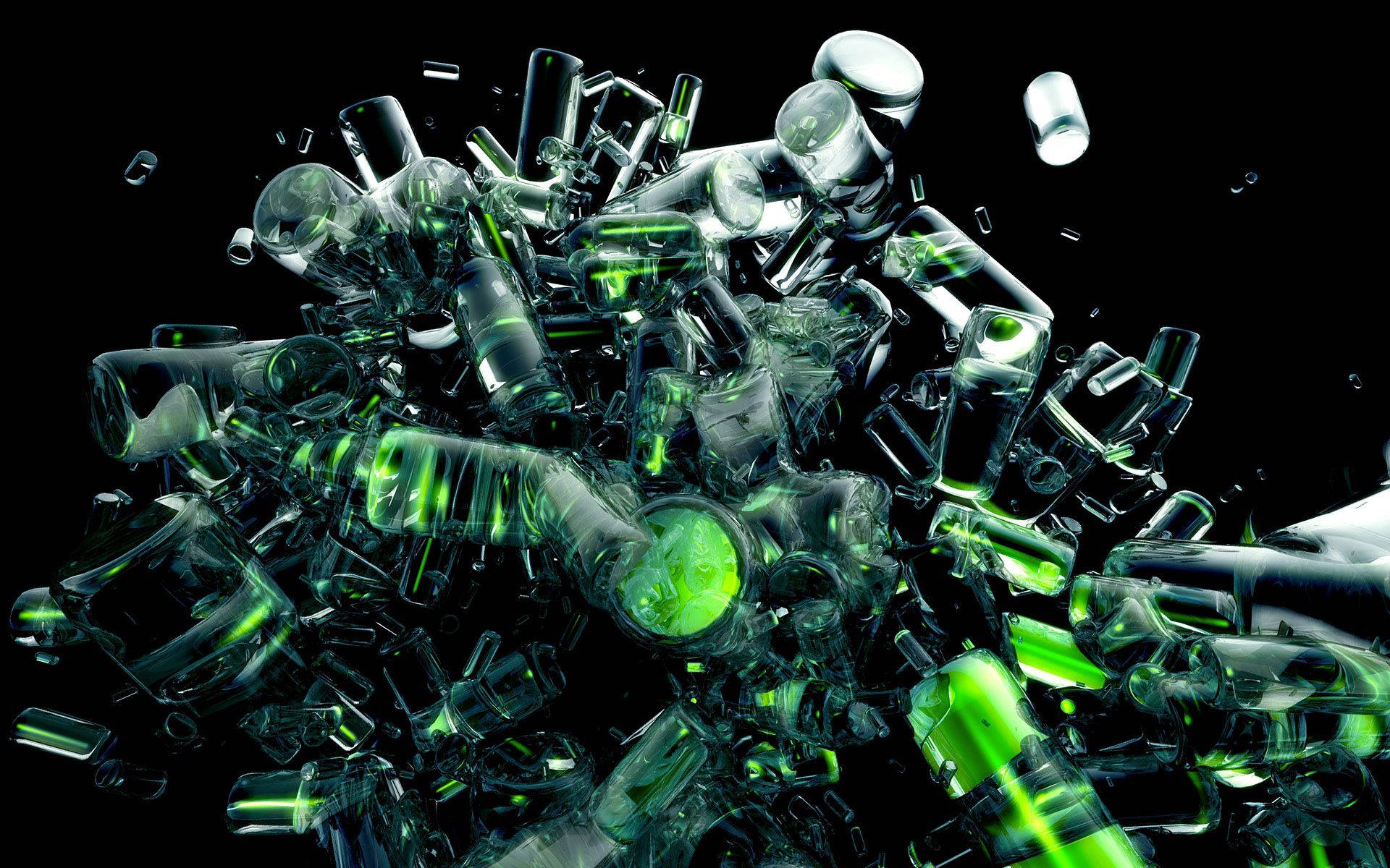 Dynamic, green bottles, explosion, Full HD Desktop Wallpaper
