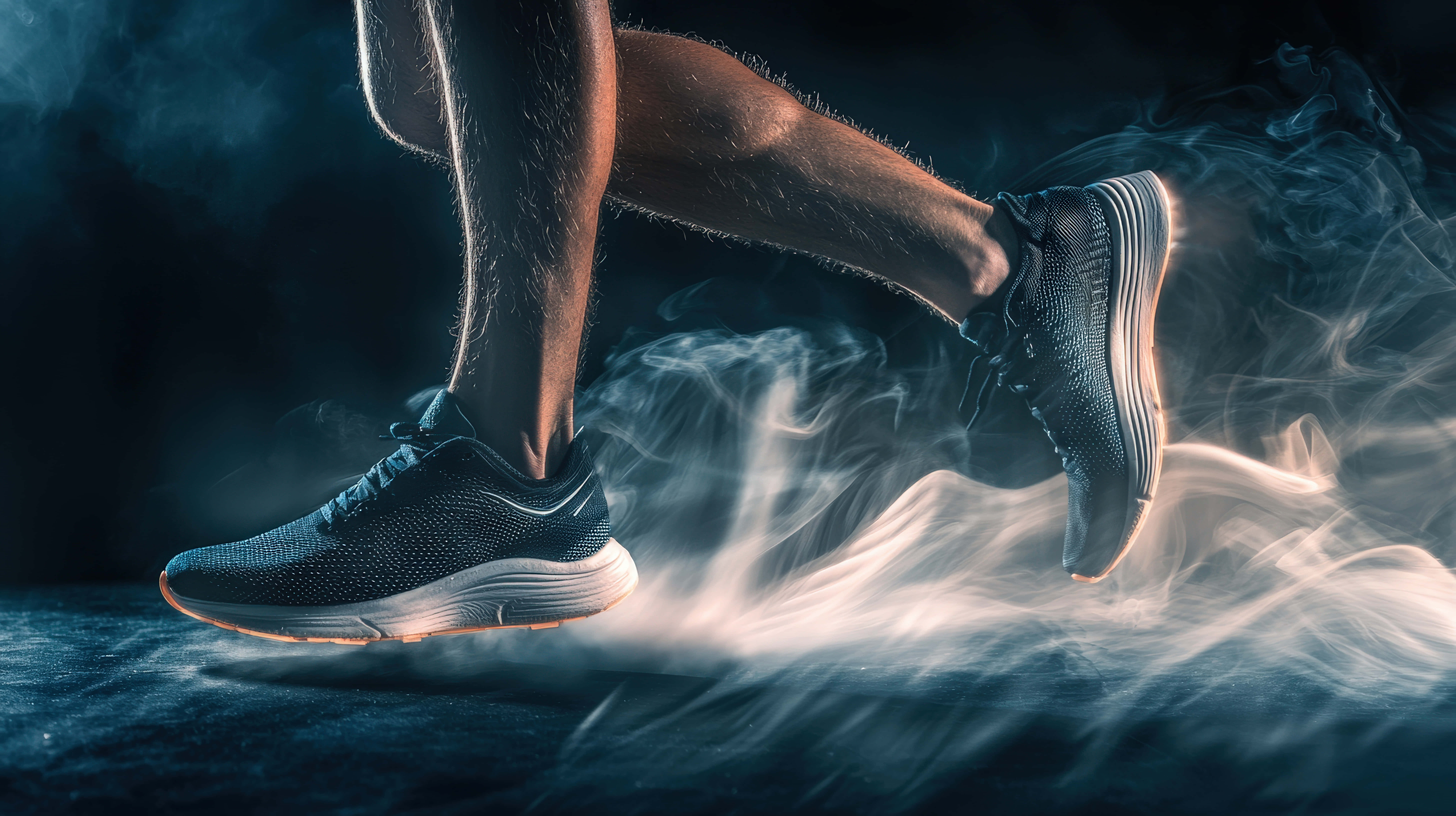 runner's legs, dark sneakers, swirling white smoke, 8K Desktop Wallpaper