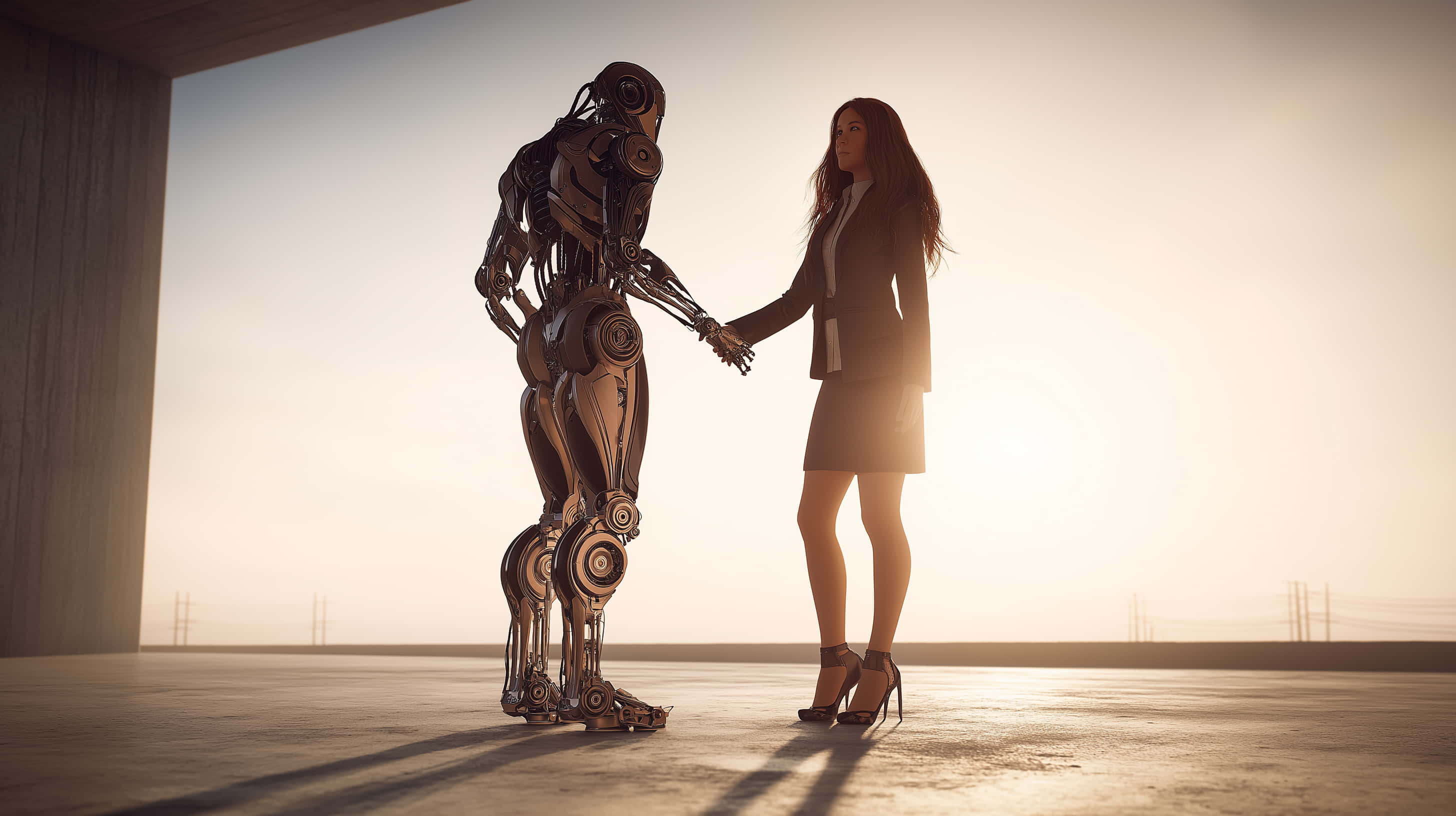 business suit, humanoid robot, warm sunset light, 2K Desktop Wallpaper