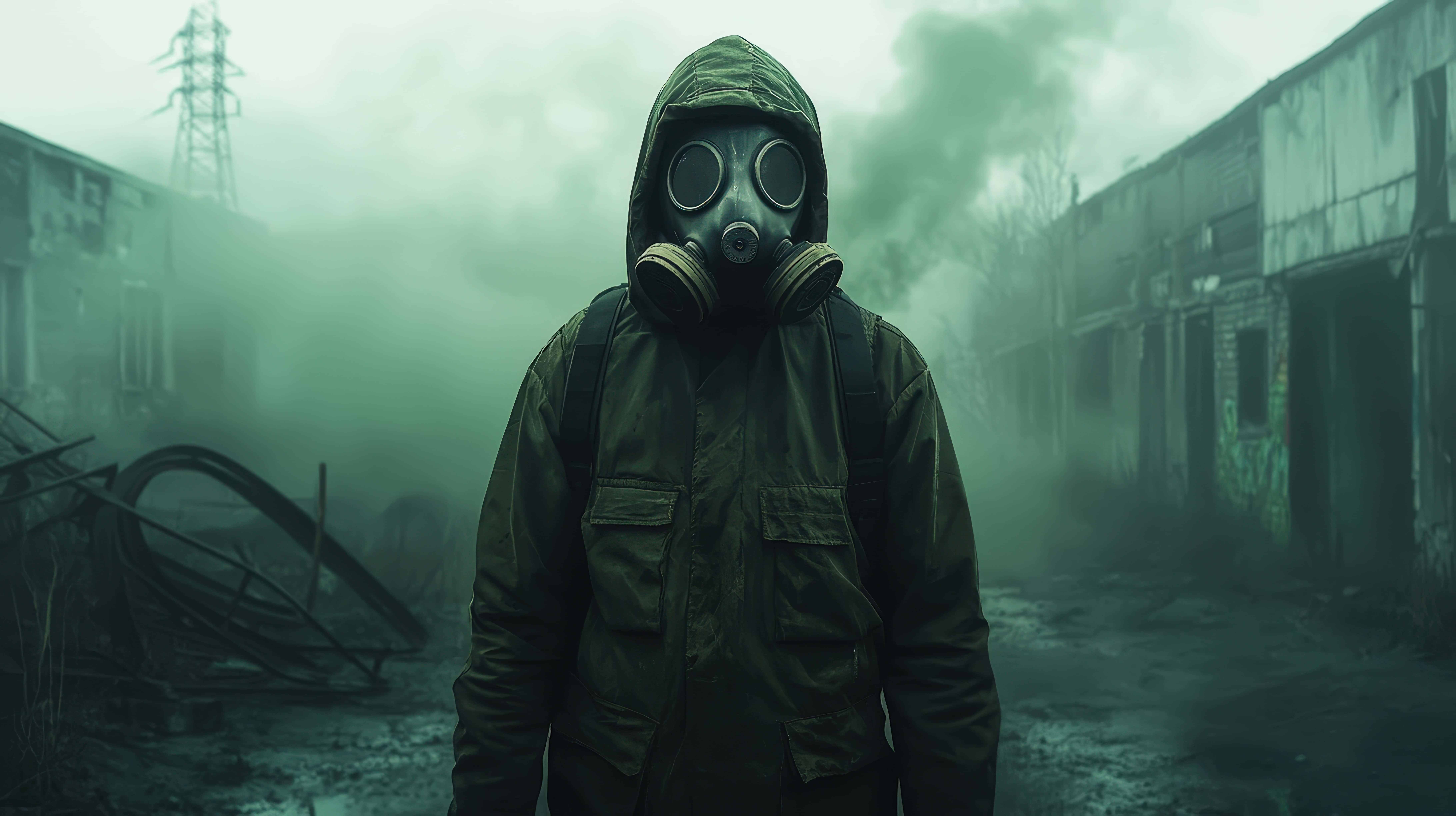 gas mask, hooded jacket, foggy ruined urban alley, 8K Desktop Wallpaper