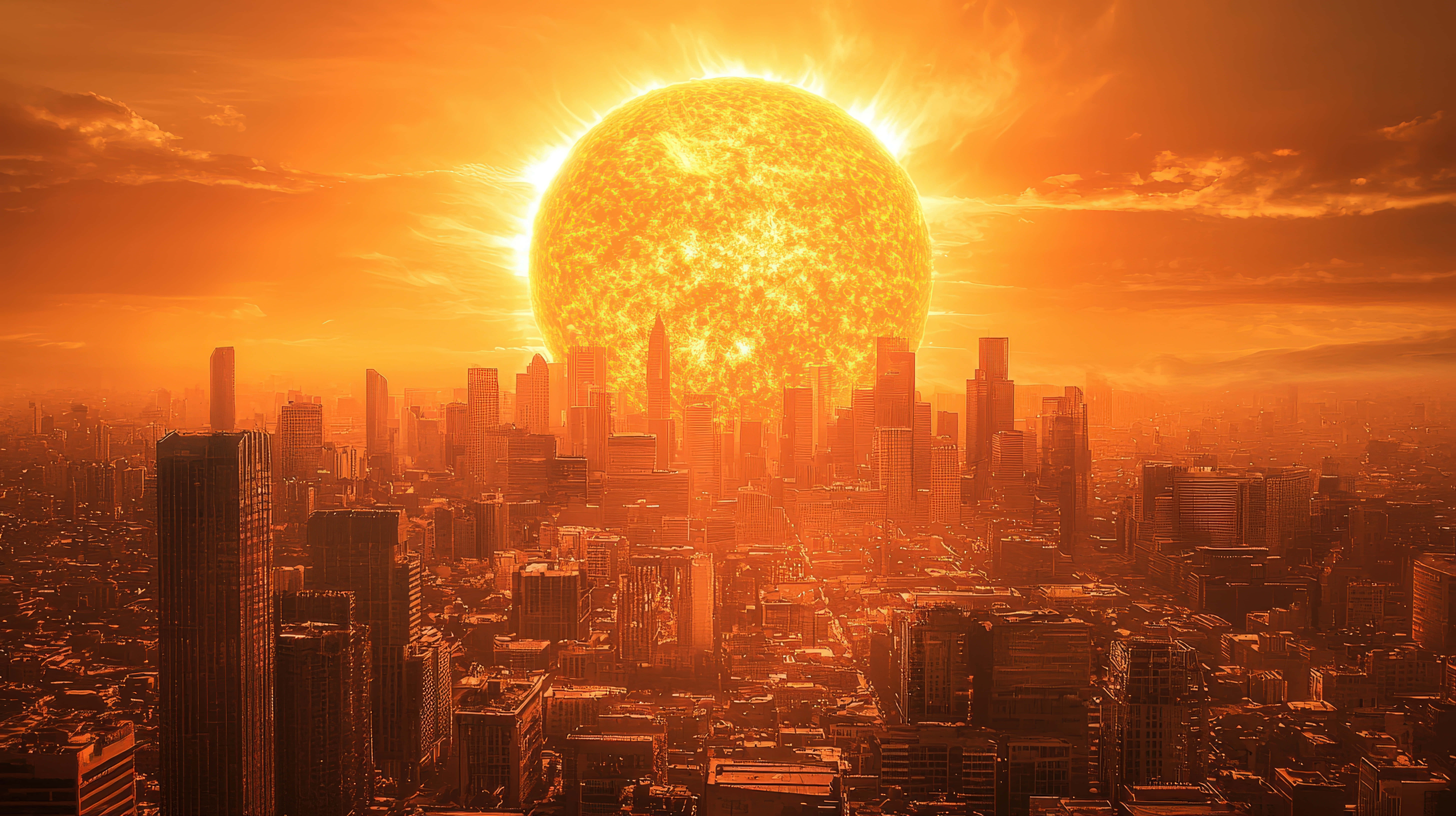 glowing sun, futuristic city, intense orange light, 8K Desktop Wallpaper