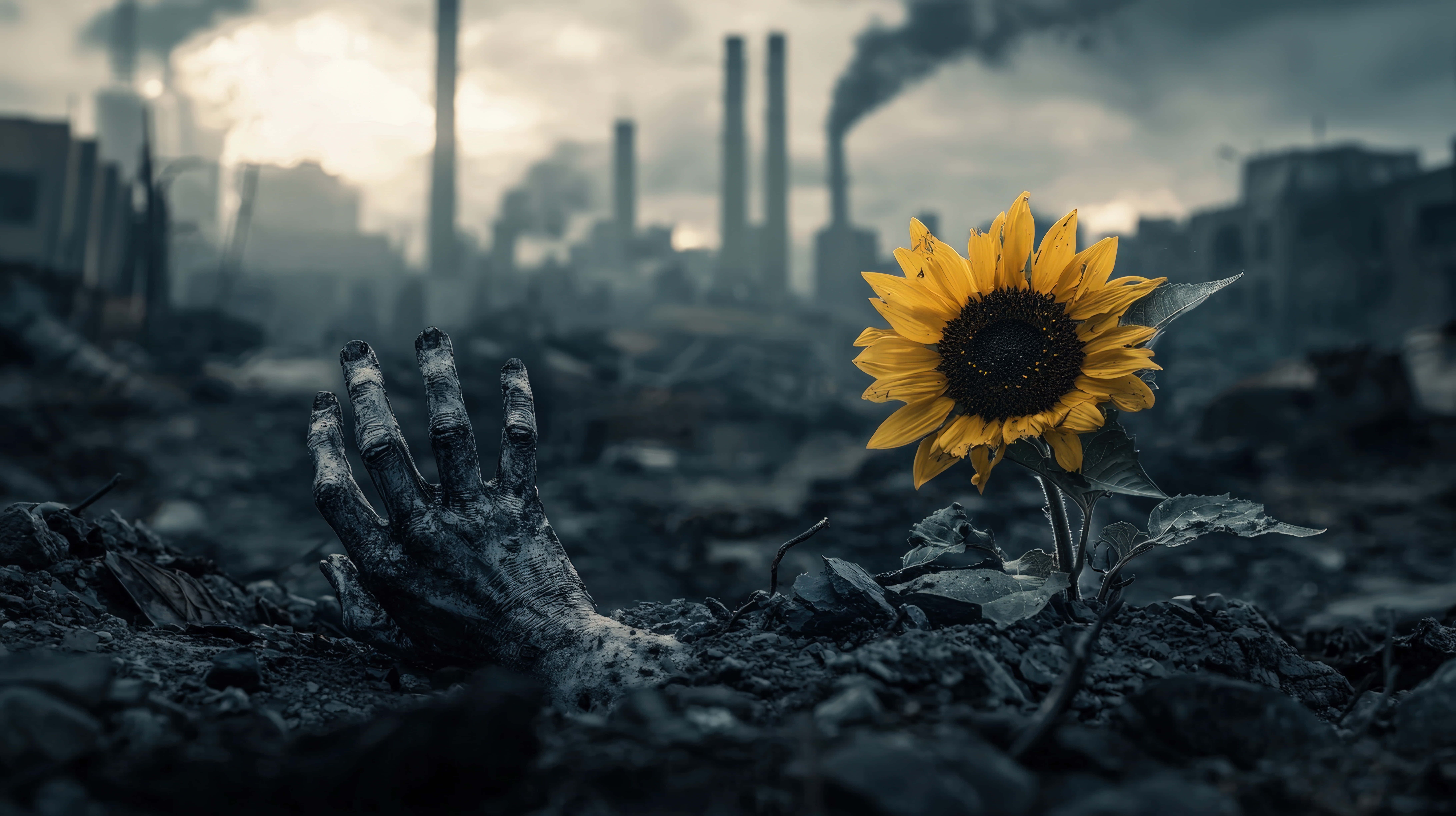 sunflower, post-apocalyptic wasteland, industrial wasteland, 8K Desktop Wallpaper