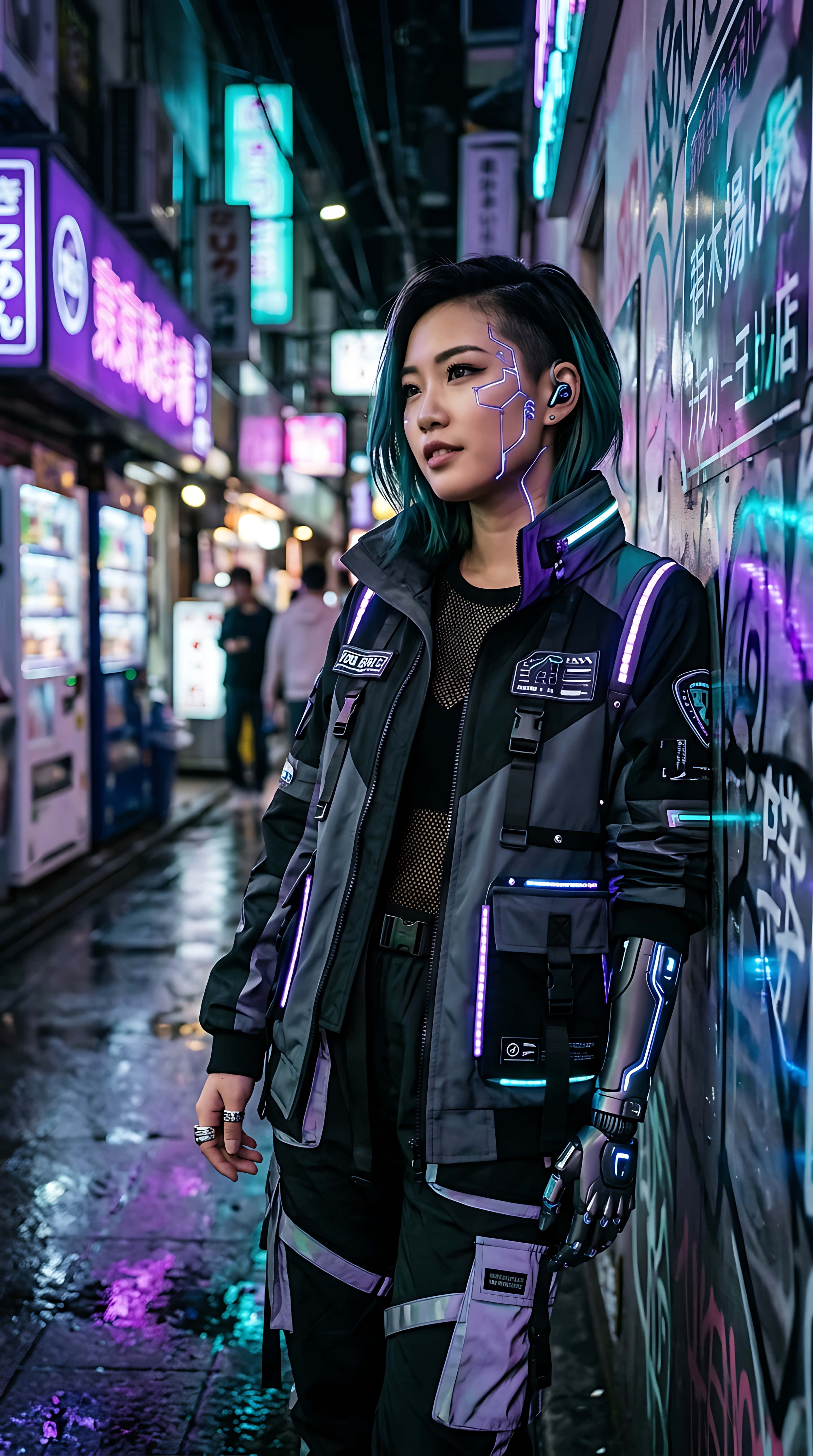 cyberpunk woman, cybernetic face implants, robotic arm, 5K Phone Wallpaper