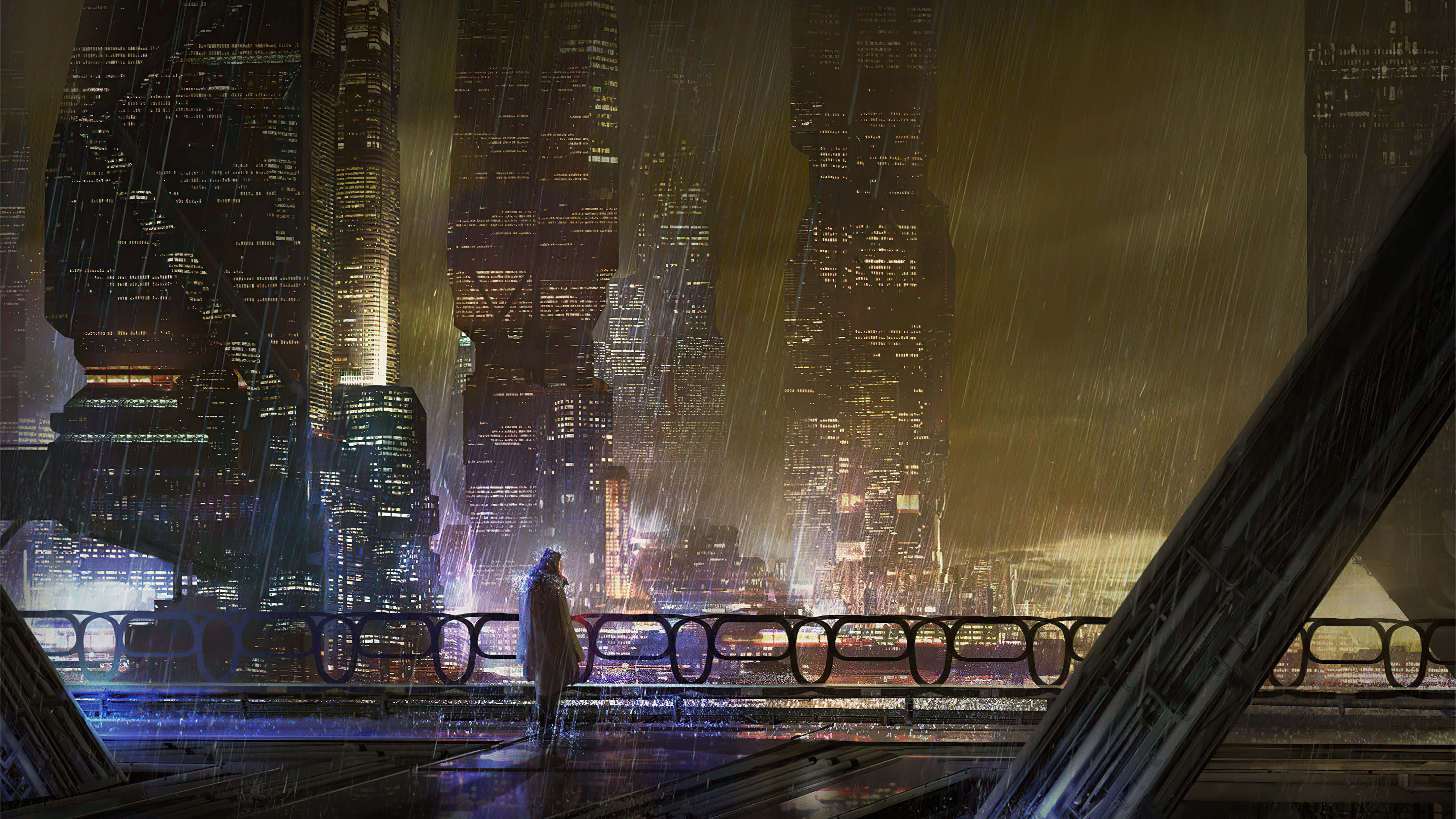 trench coat, rain-slicked bridge, neon-lit futuristic cityscape, 5K Desktop Wallpaper