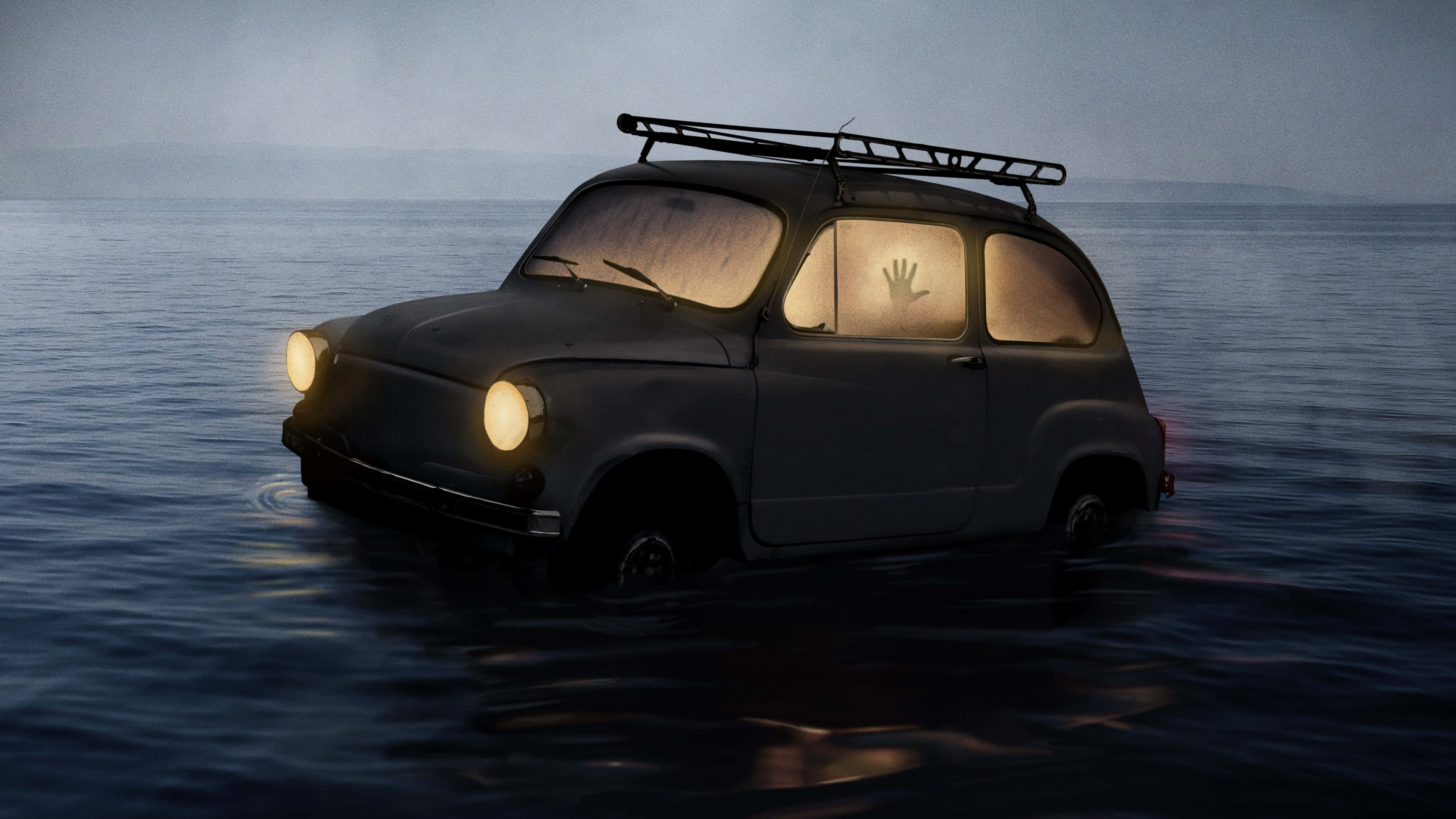 vintage car, glowing headlights, dark water, 5K Desktop Wallpaper