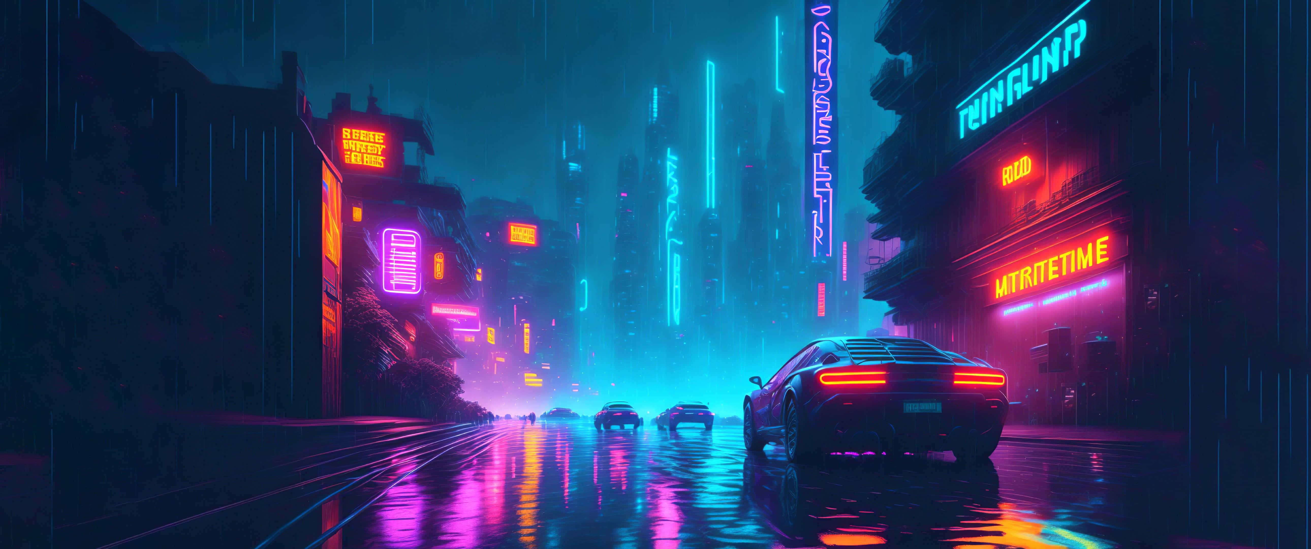 neon-drenched cyberpunk street, rain-slicked, glowing signs, 5K Desktop Wallpaper