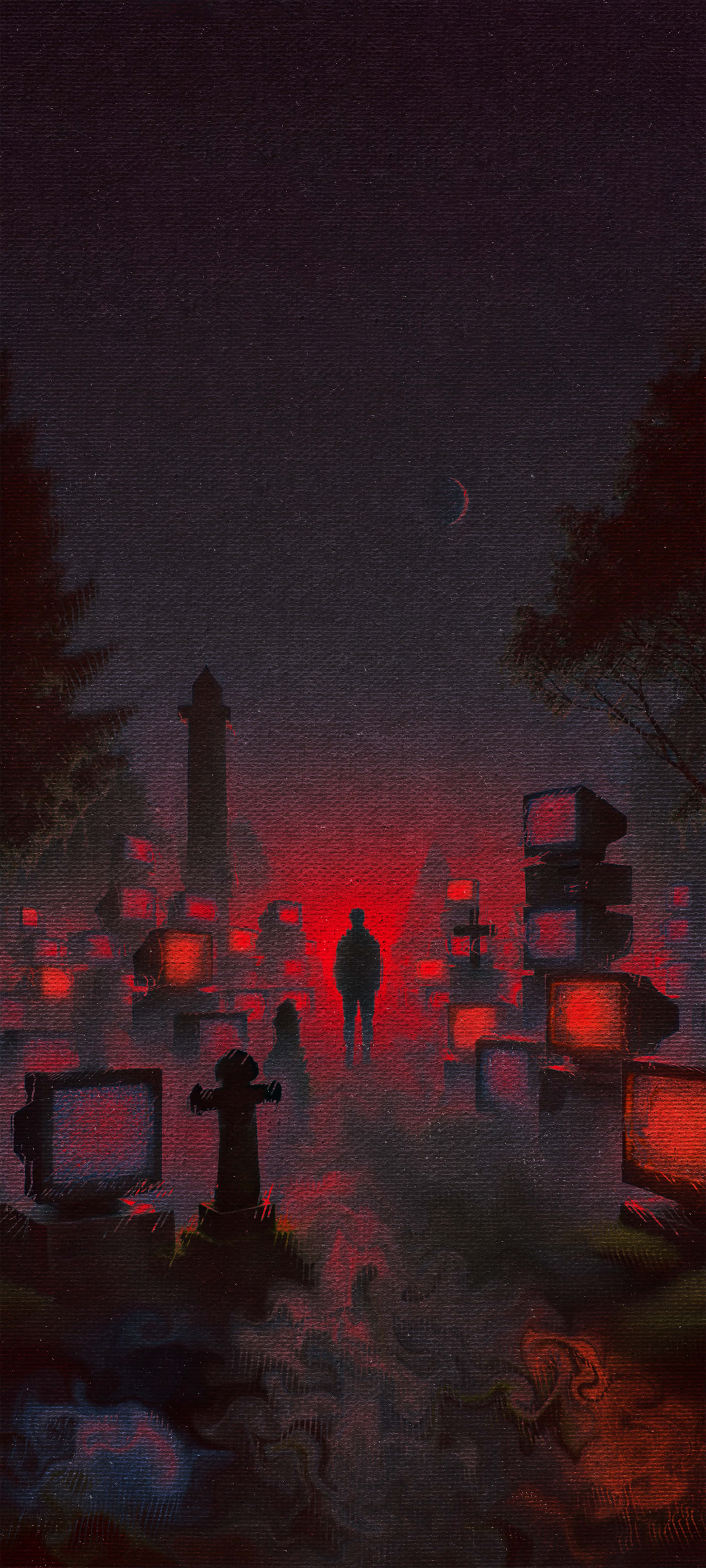 cemetery, tombstones, red glow, 4K Phone Wallpaper