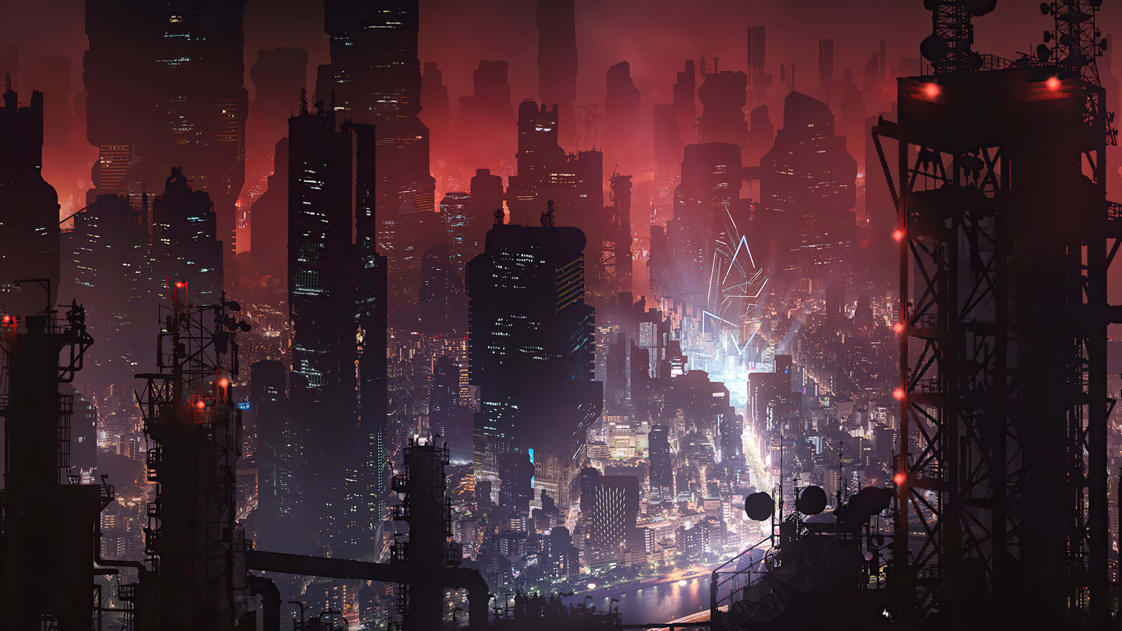 dystopian cityscape, red skyline, futuristic cityscape, 4K Desktop Wallpaper