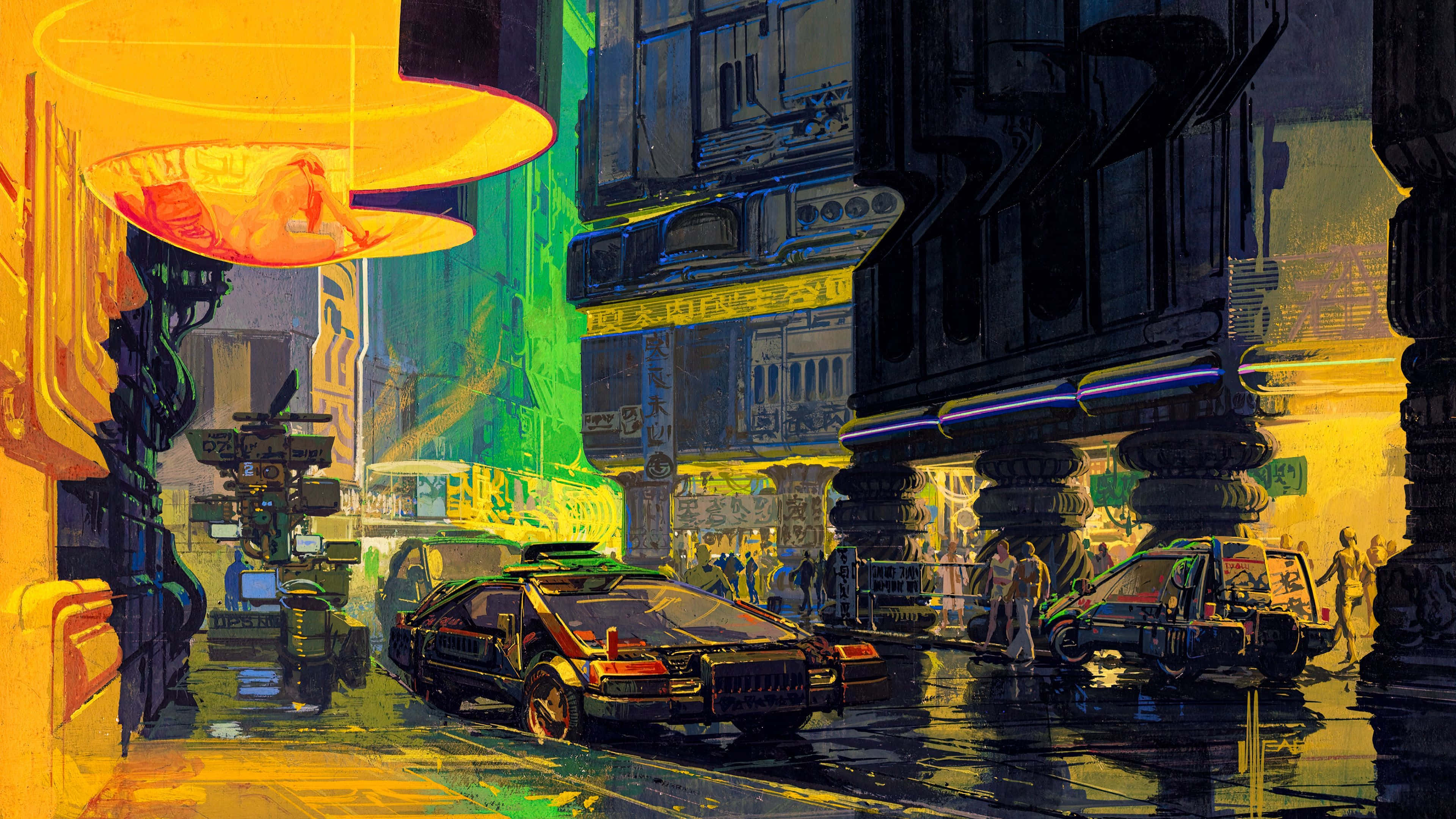 neon-drenched cyberpunk street, flying cars, towering buildings, 4K Desktop Wallpaper