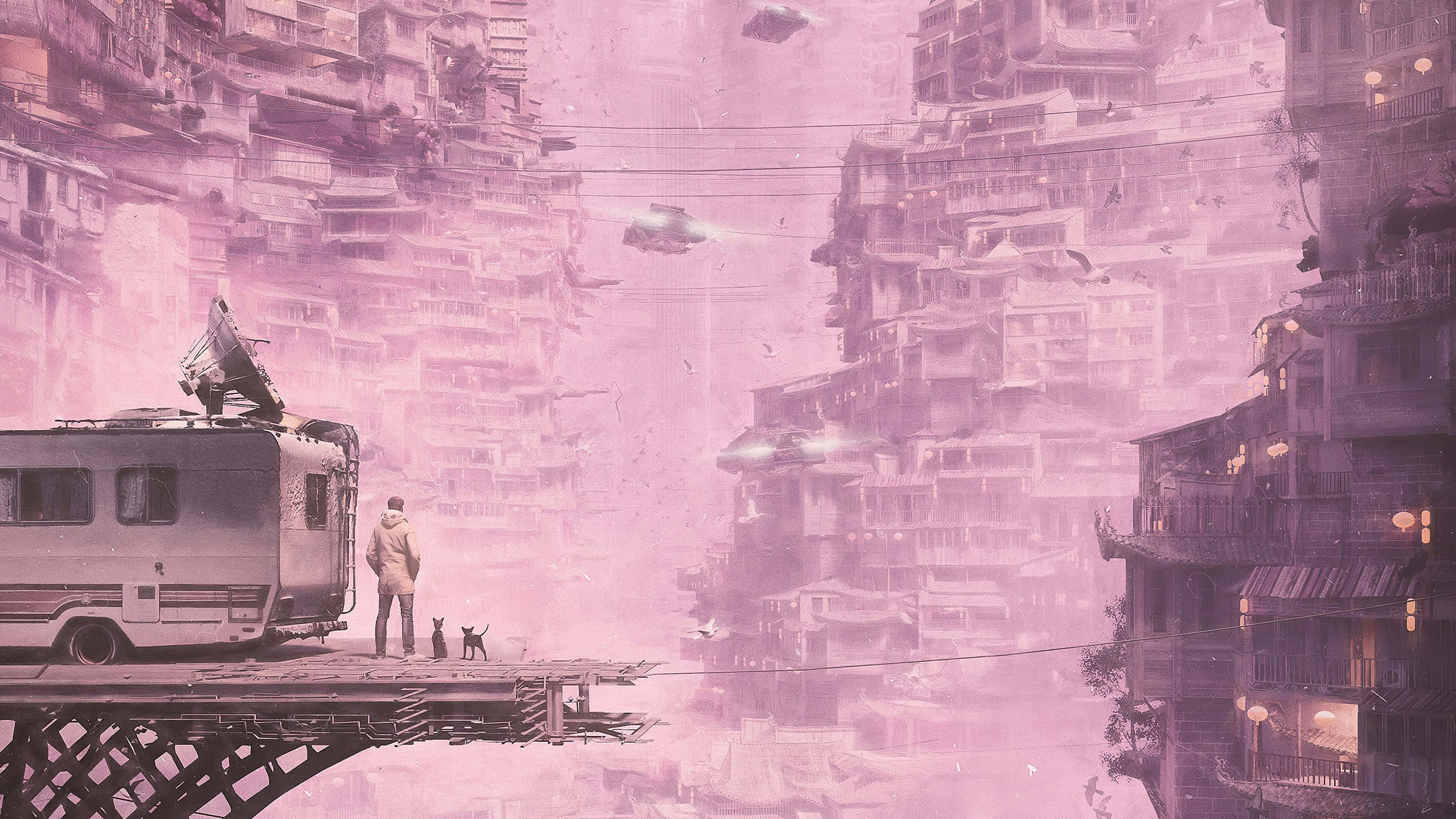 dystopian cityscape, bridge, lone figure, 4K Desktop Wallpaper