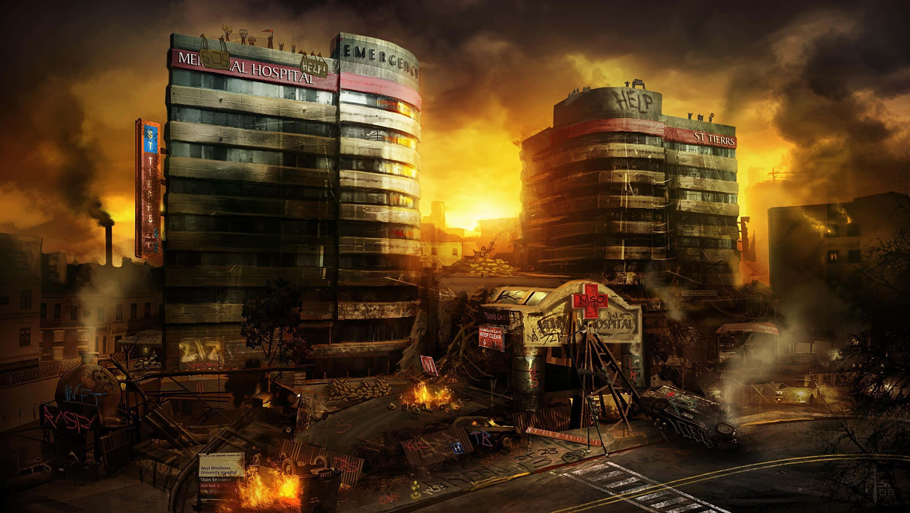 dystopian cityscape, sunset, burning buildings, 2K Desktop Wallpaper