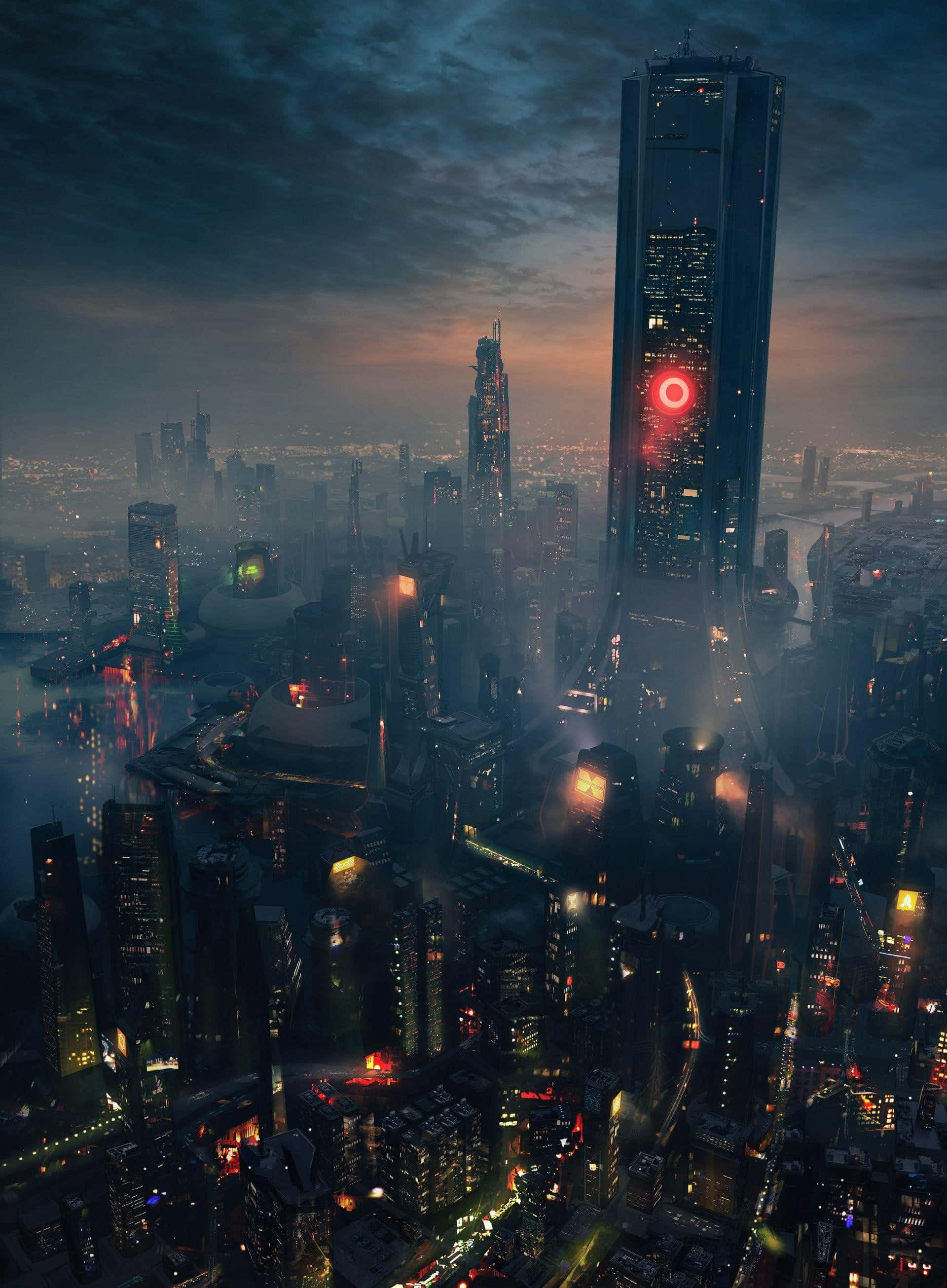 Dystopian, cityscape, nightfall, 2K Phone Wallpaper