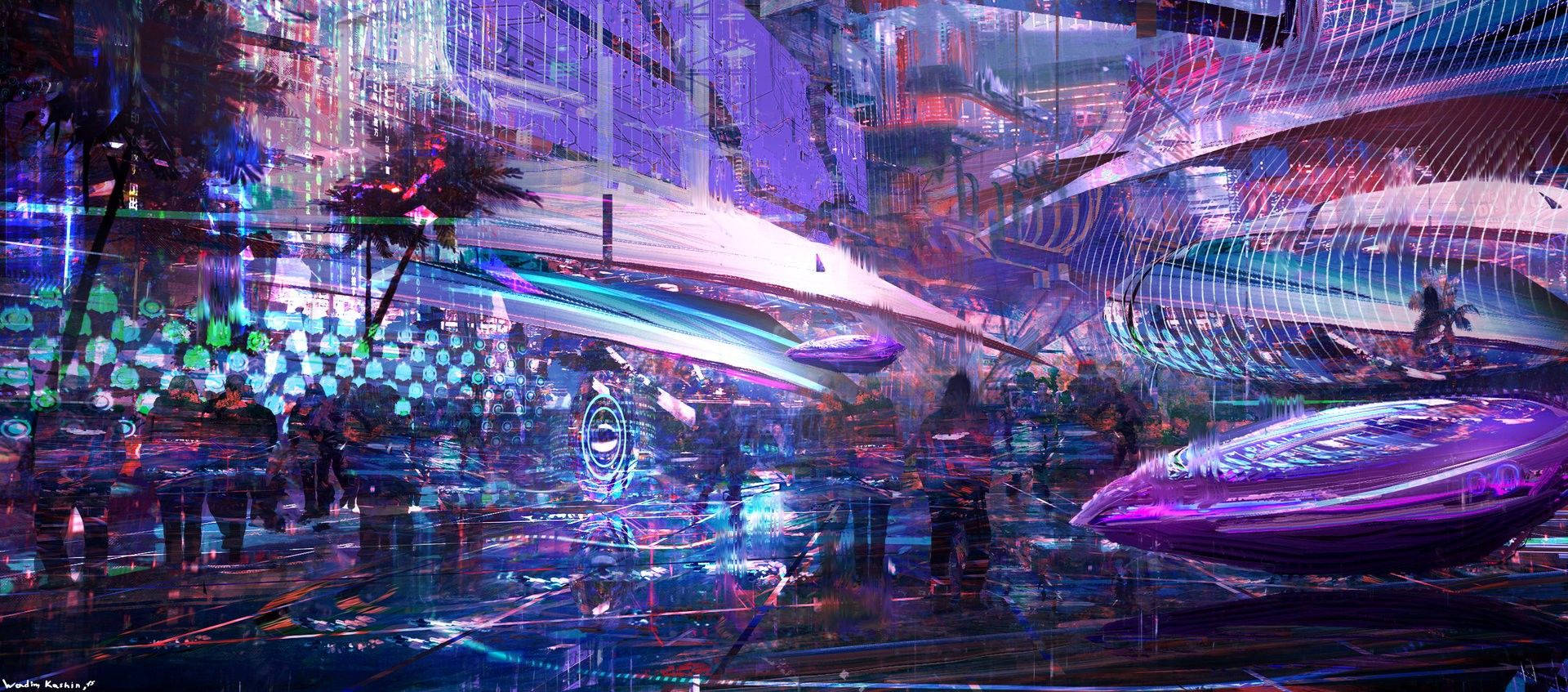 cyberpunk, neon-drenched, floating vehicles, Full HD Desktop Wallpaper