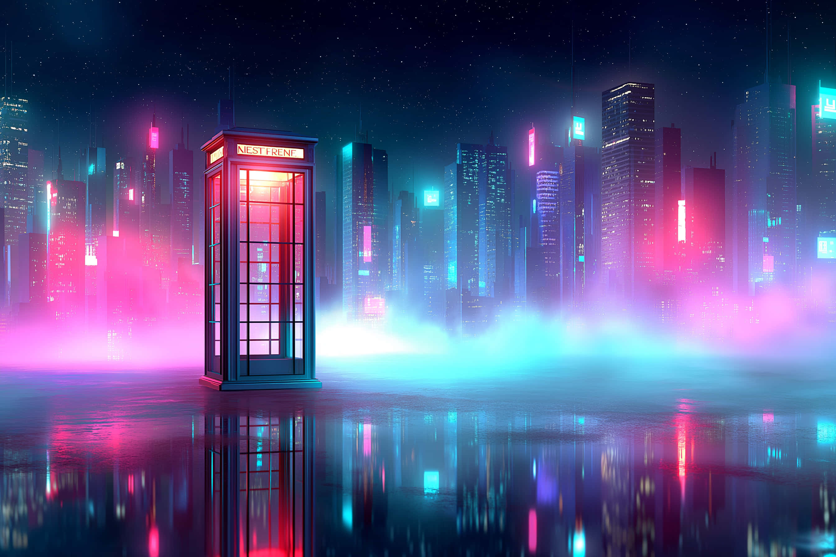 futuristic glass telephone booth, neon-drenched cyberpunk cityscape, glowing red telephone booth, 2K Desktop Wallpaper