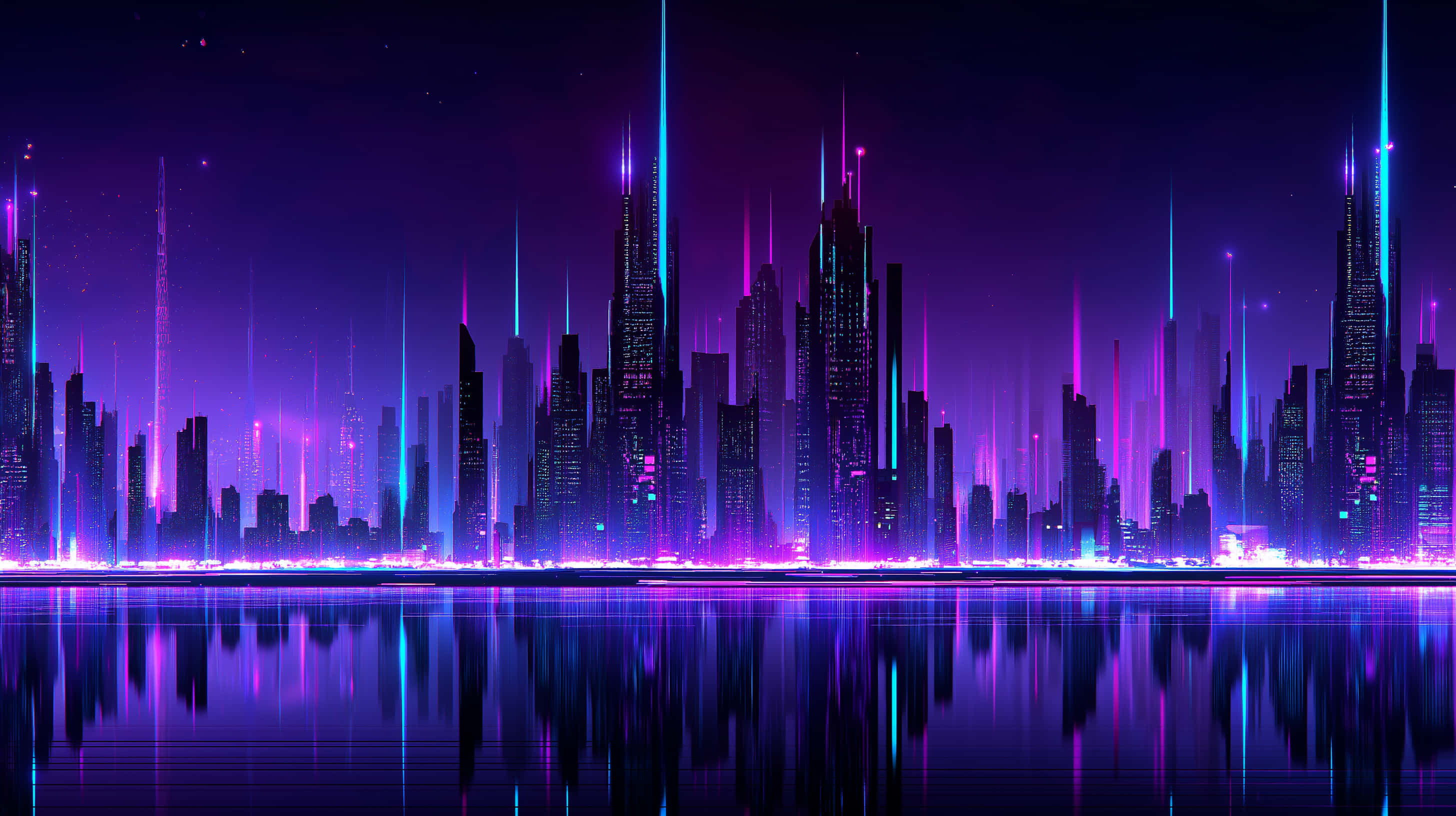 cybernetic cityscape, reflective waters, night, 2K Desktop Wallpaper