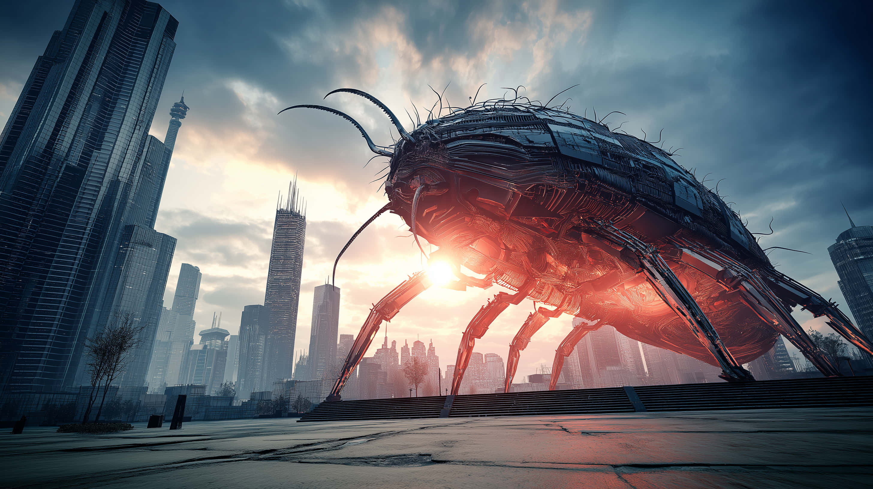 massive biomechanical beetle, dystopian cityscape, sunset, 2K Desktop Wallpaper