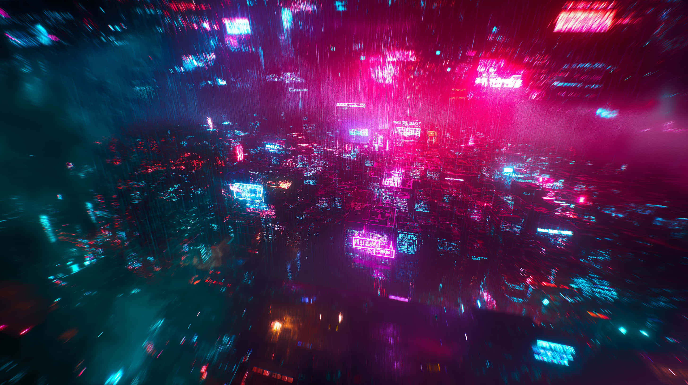 cyberpunk cityscape, neon-drenched, streaking lights, 2K Desktop Wallpaper