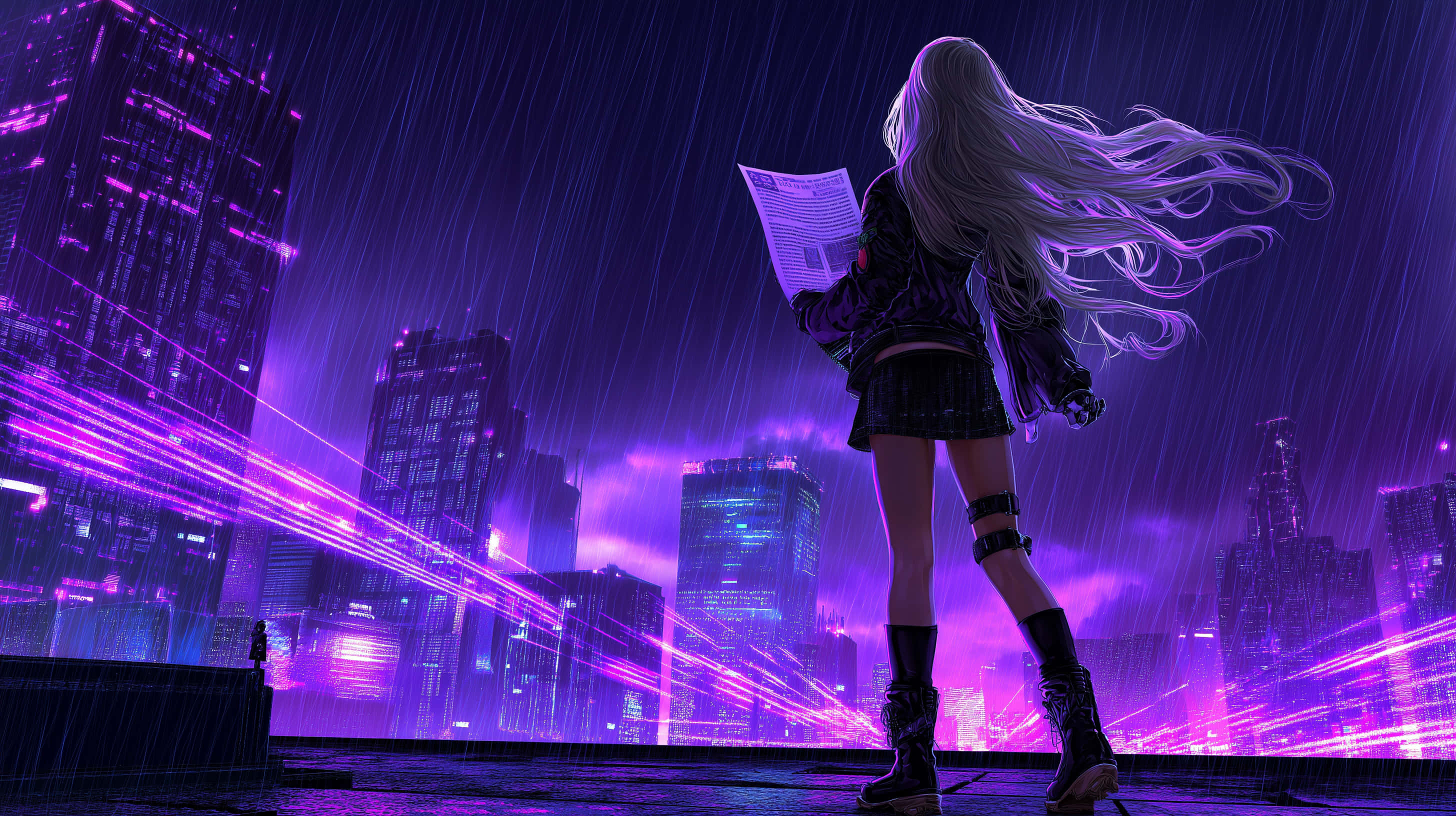 anime girl, flowing white hair, neon purple rain, 2K Desktop Wallpaper