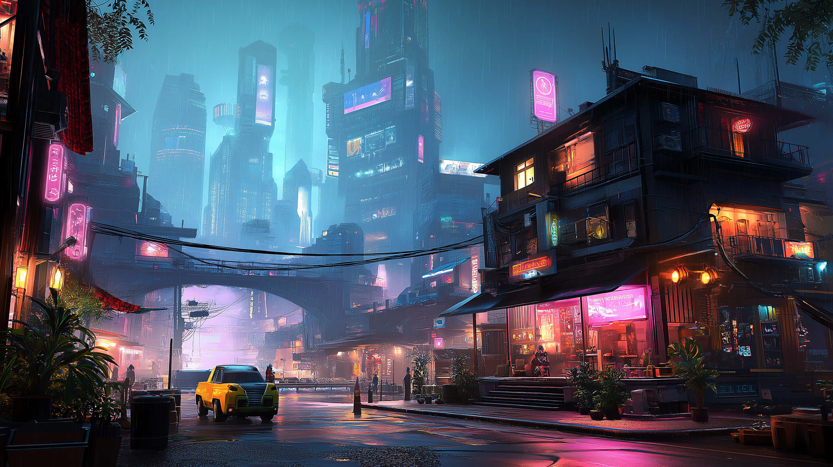 neon streets, cyberpunk skyscrapers, glowing signs, 2K Desktop Wallpaper