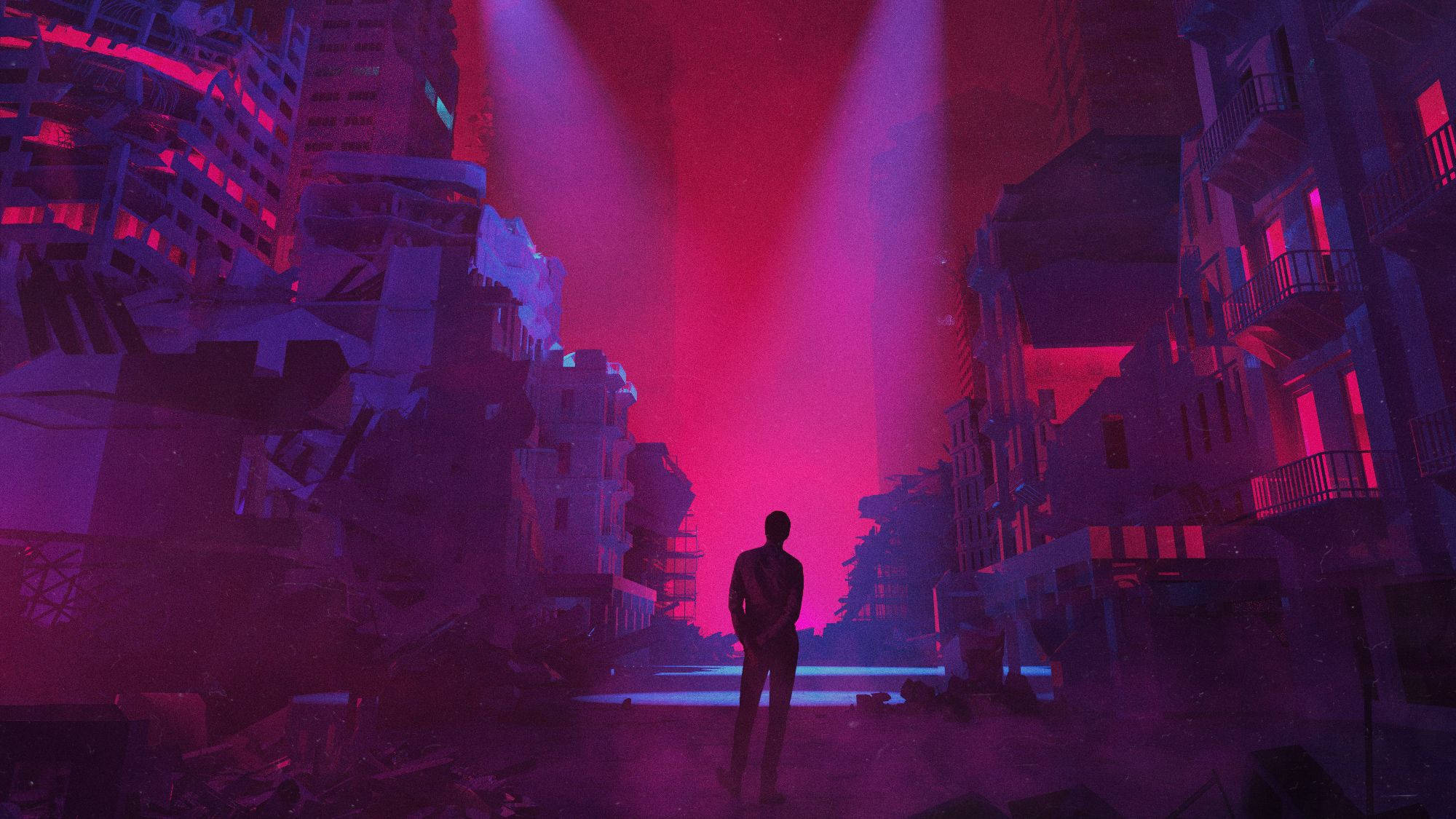 synthwave, dystopian, ruined cityscape, Full HD Desktop Wallpaper