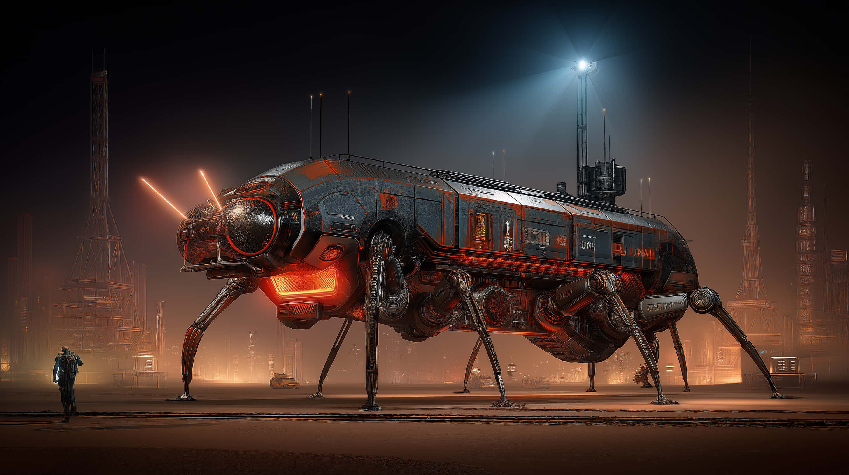 Advanced Mechanical Bug Transporter, glowing red mechanical spider, foggy industrial nightscape, 2K Desktop Wallpaper