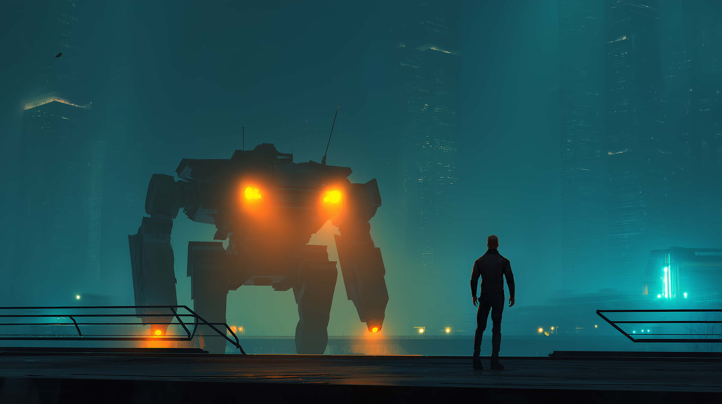 giant mech, glowing orange-eyed mech, misty teal futuristic cityscape, 2K Desktop Wallpaper