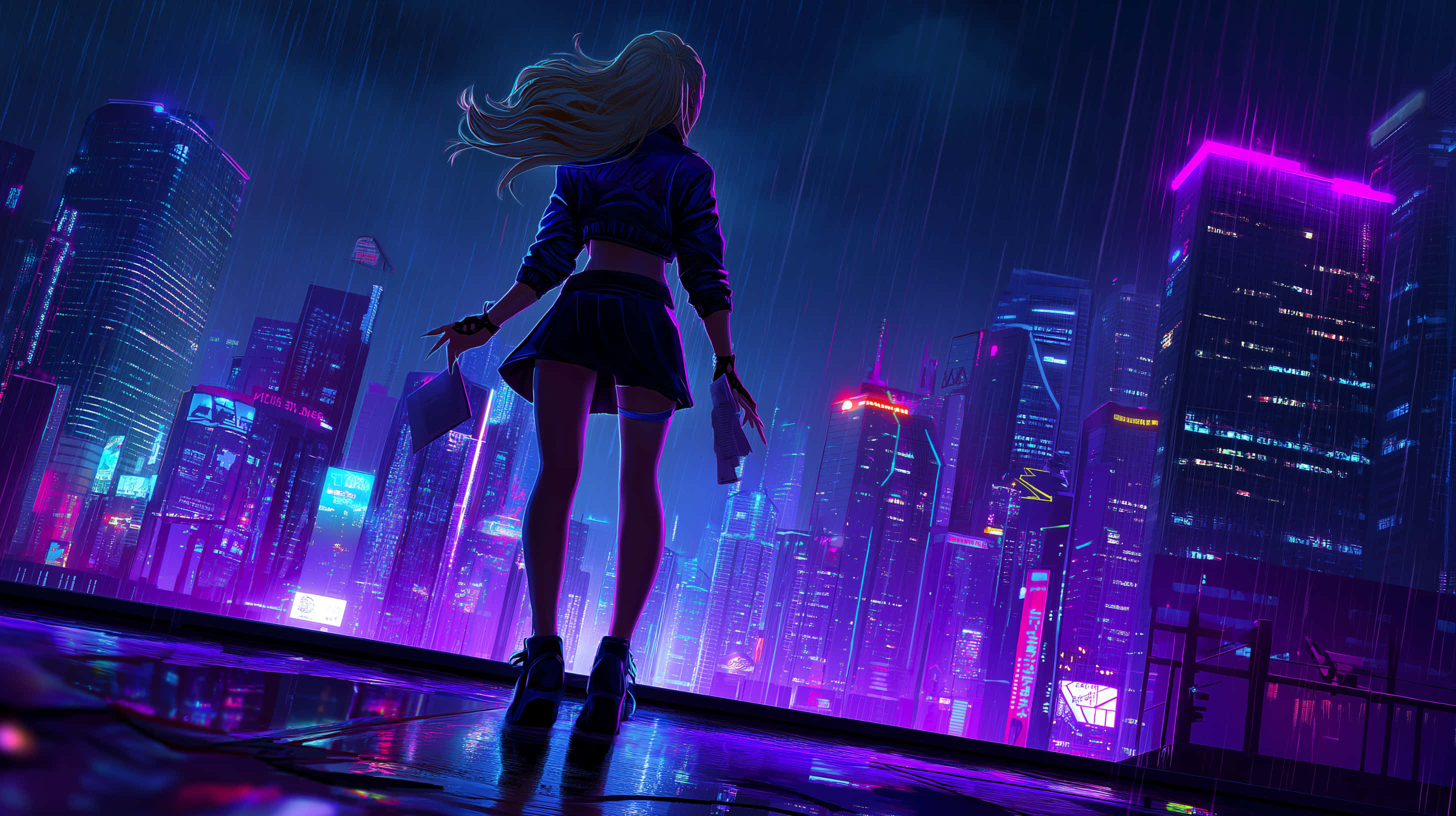 blonde woman, dark outfit, rain-slicked rooftop, 2K Desktop Wallpaper