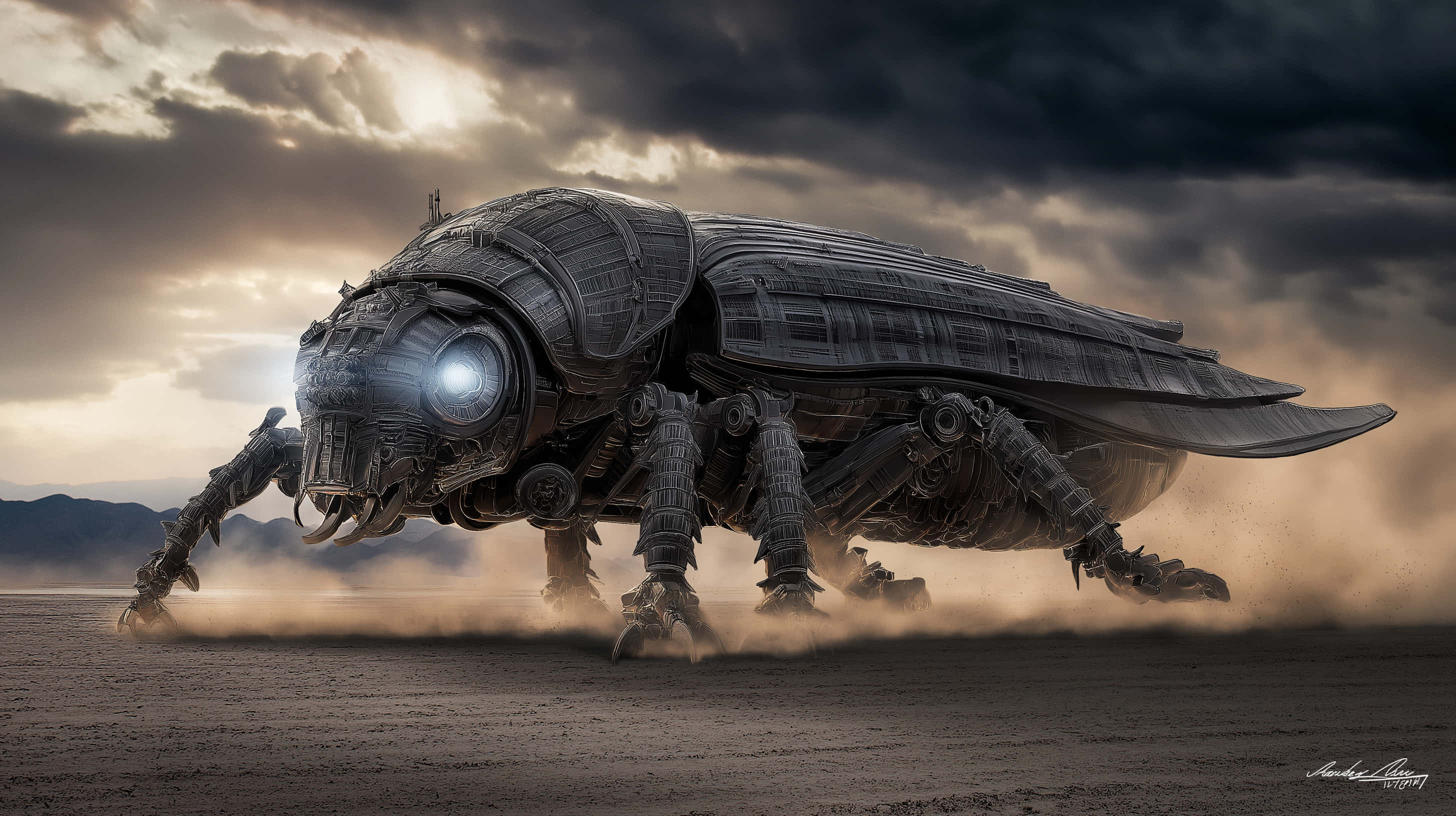 mechanical beetle, glowing blue eye, armored exoskeleton, 2K Desktop Wallpaper