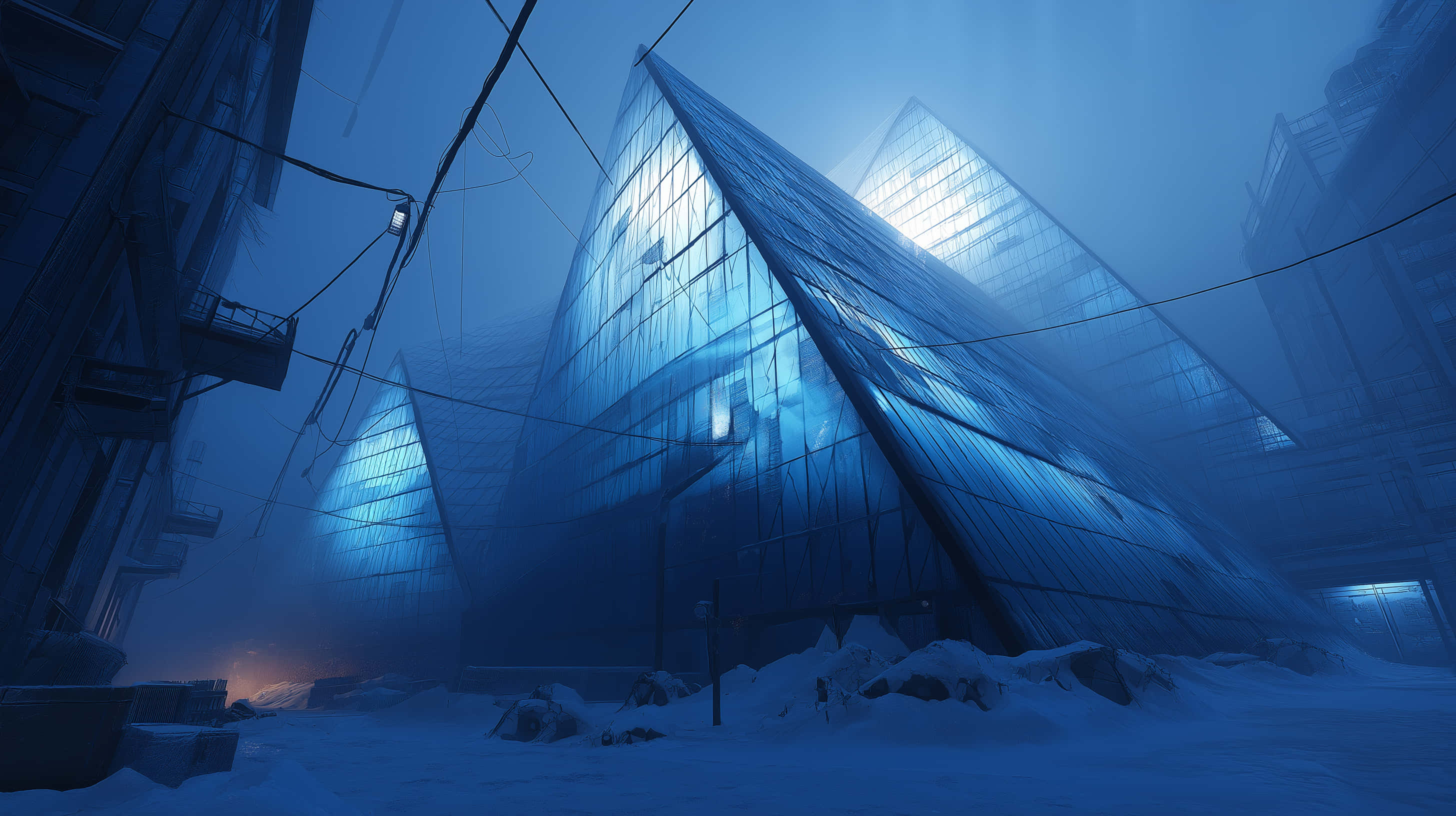 futuristic glass pyramid building, glowing blue structures, snowy urban landscape, 2K Desktop Wallpaper