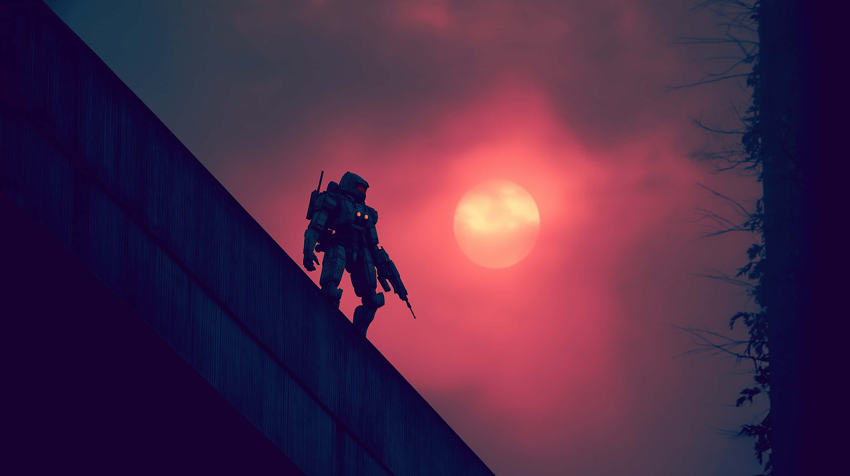 mech warrior, sunset, post-apocalyptic setting, 2K Desktop Wallpaper