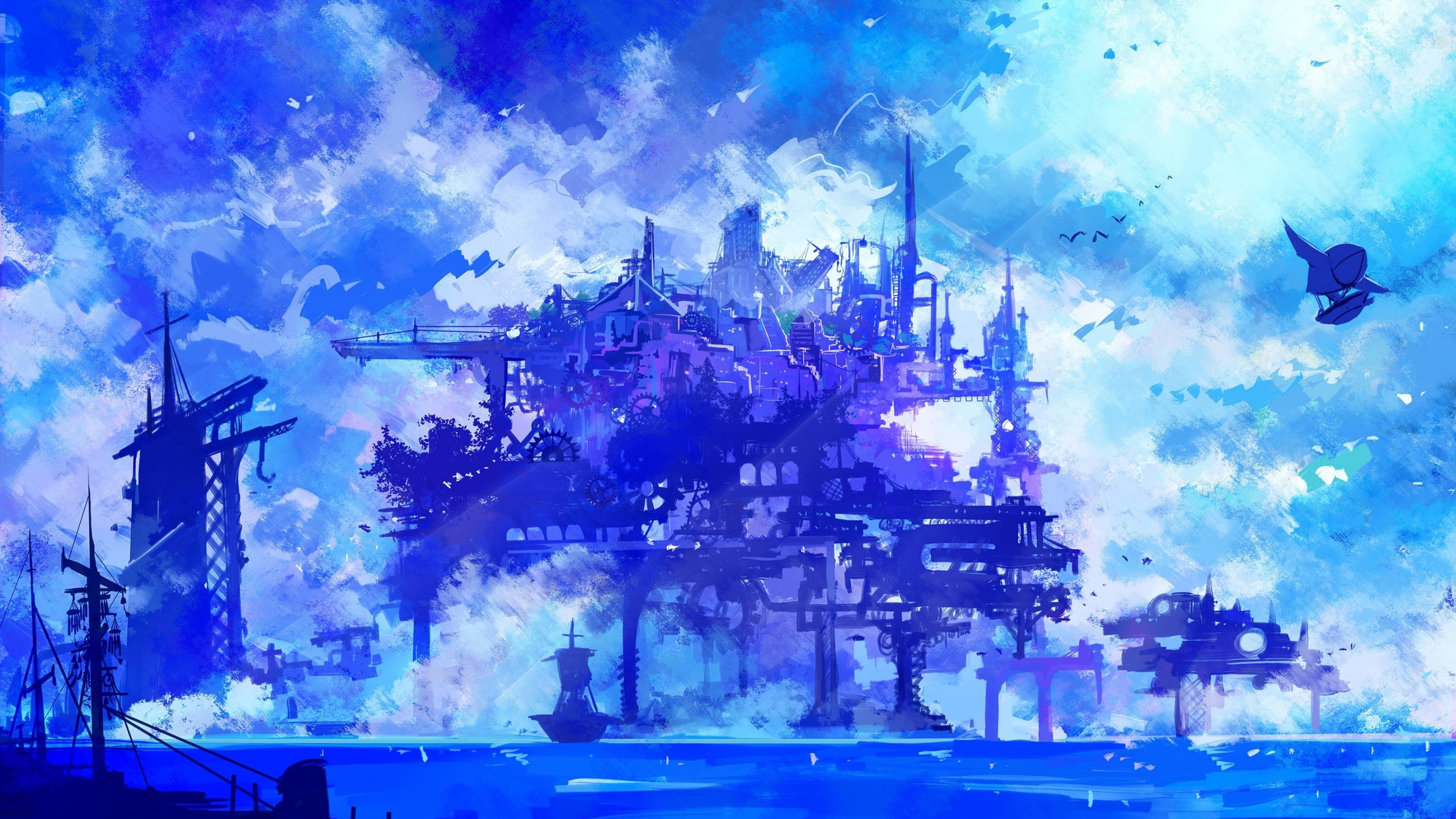 Cyberpunk 2560x1440, surreal blue and purple floating cityscape, intricate architecture, 2K Desktop Wallpaper