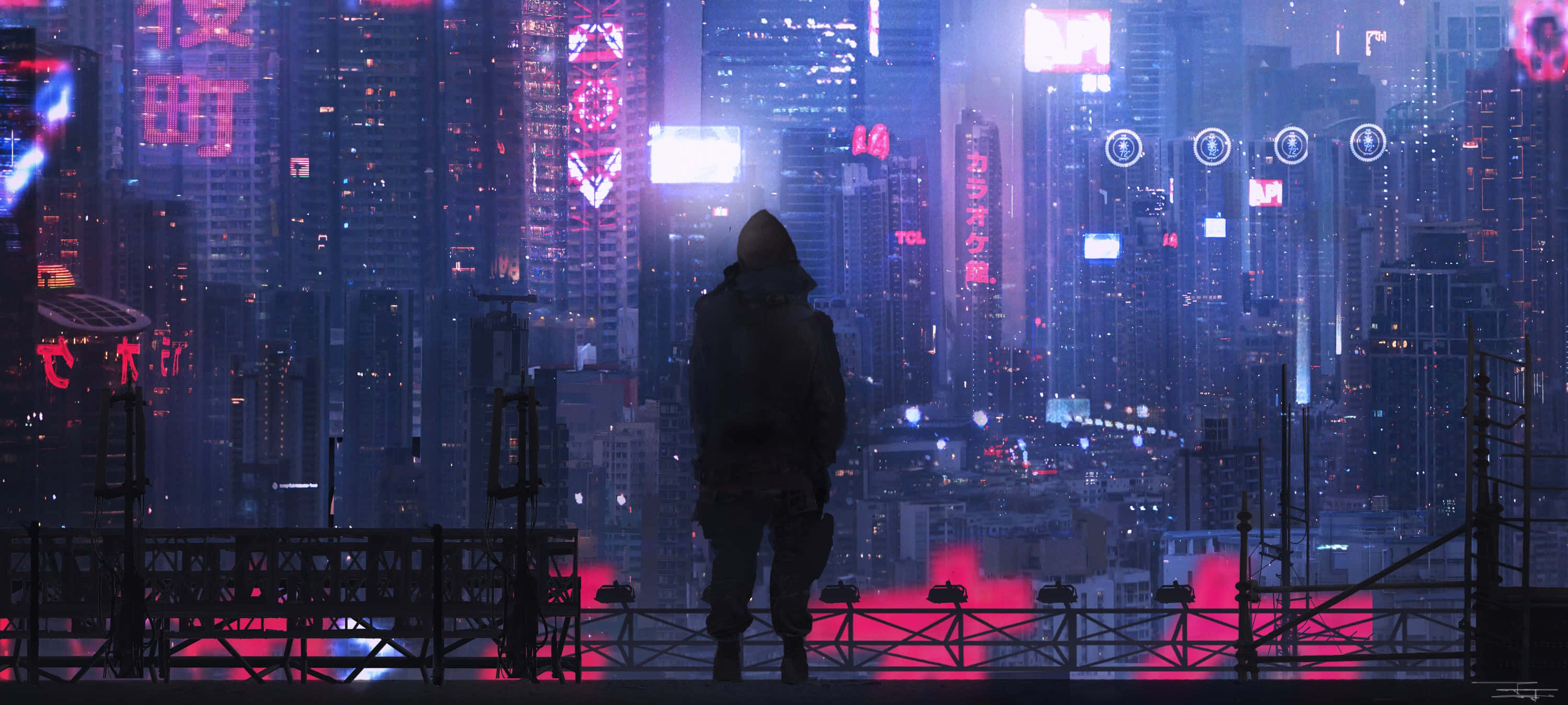 hooded figure, rooftop, neon-drenched cyberpunk cityscape, 2K Desktop Wallpaper