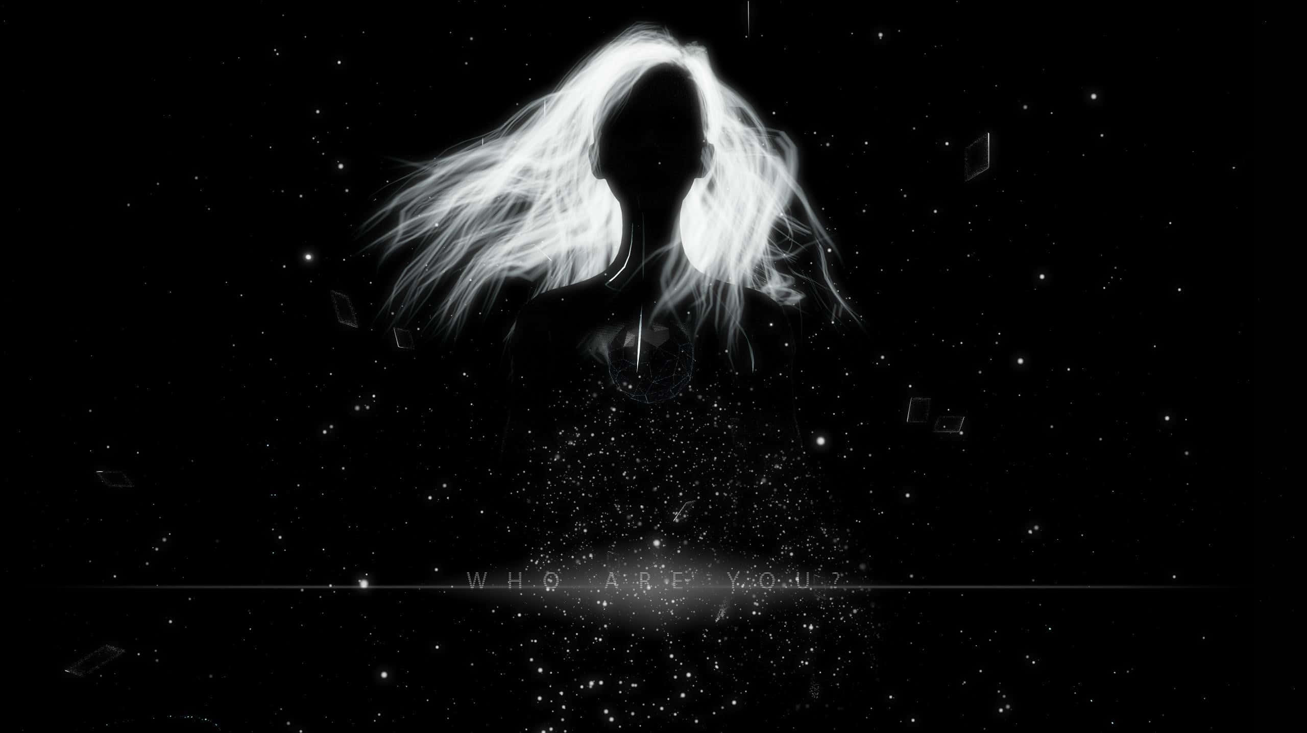 glowing white-haired silhouette, starry void, floating cubes, 2K Desktop Wallpaper