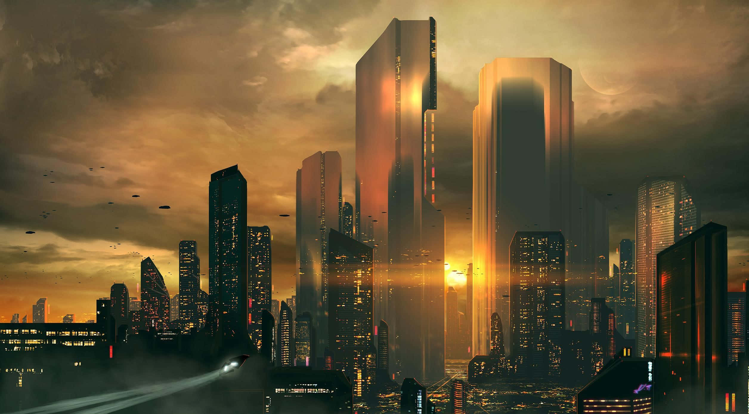 dystopian, sunset, cityscape, Full HD Desktop Wallpaper