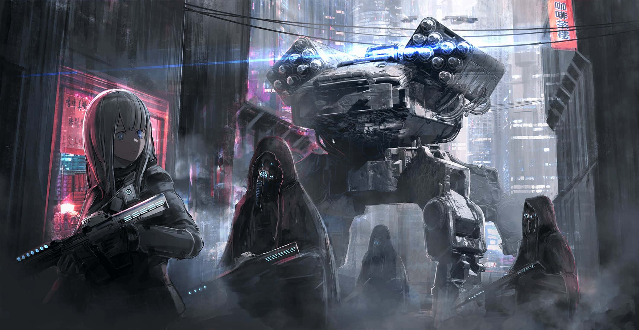 anime girl, rifle, rainy neon-lit cyberpunk alley, Full HD Desktop Wallpaper