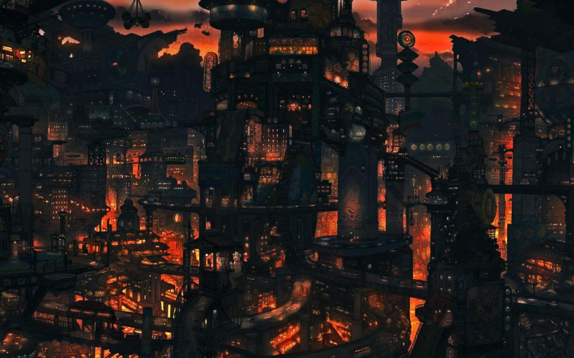 dystopian cityscape, night rain, neon-lit skyscrapers, Full HD Desktop Wallpaper