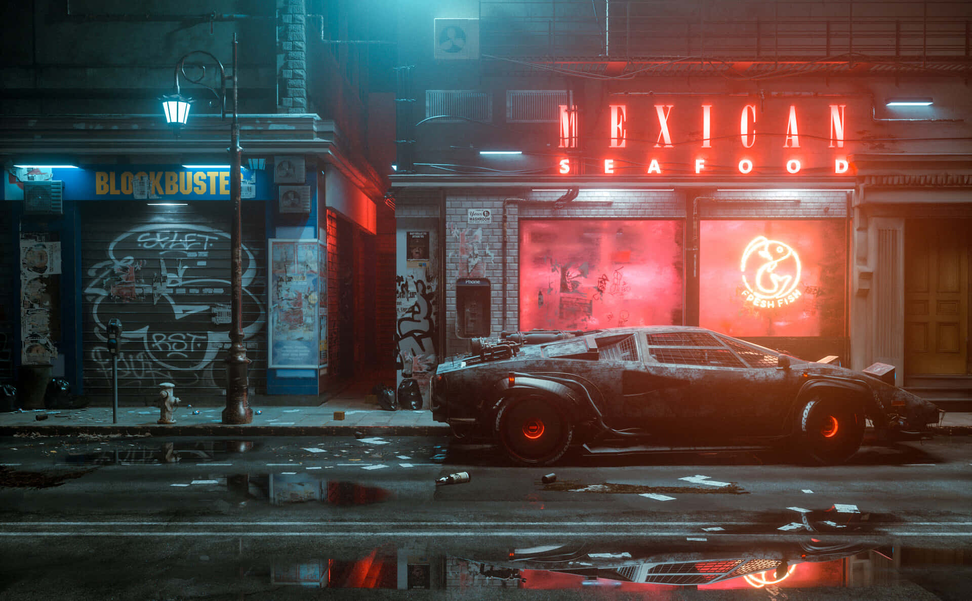 dystopian, neon signs, rain-slicked urban street, Full HD Desktop Wallpaper