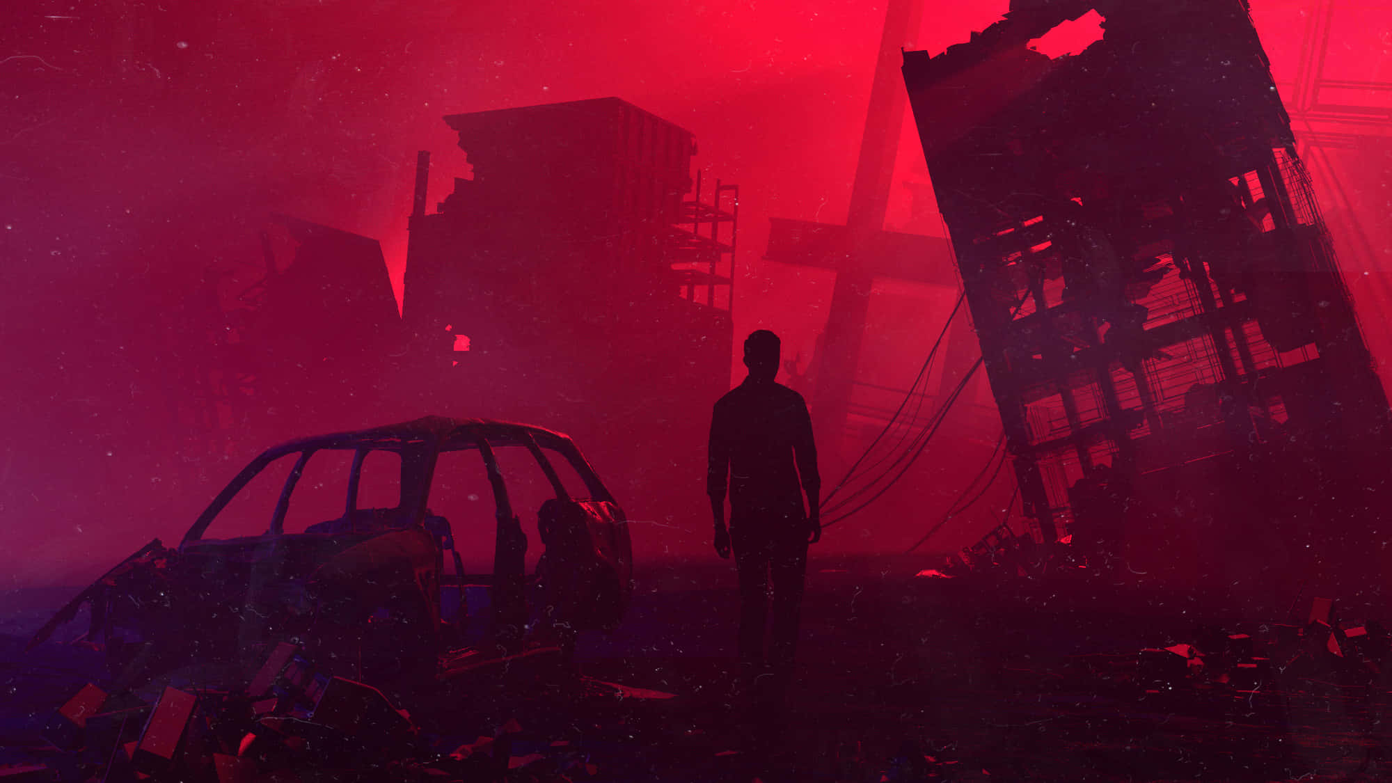 dystopian, red haze, ruined cityscape, Full HD Desktop Wallpaper