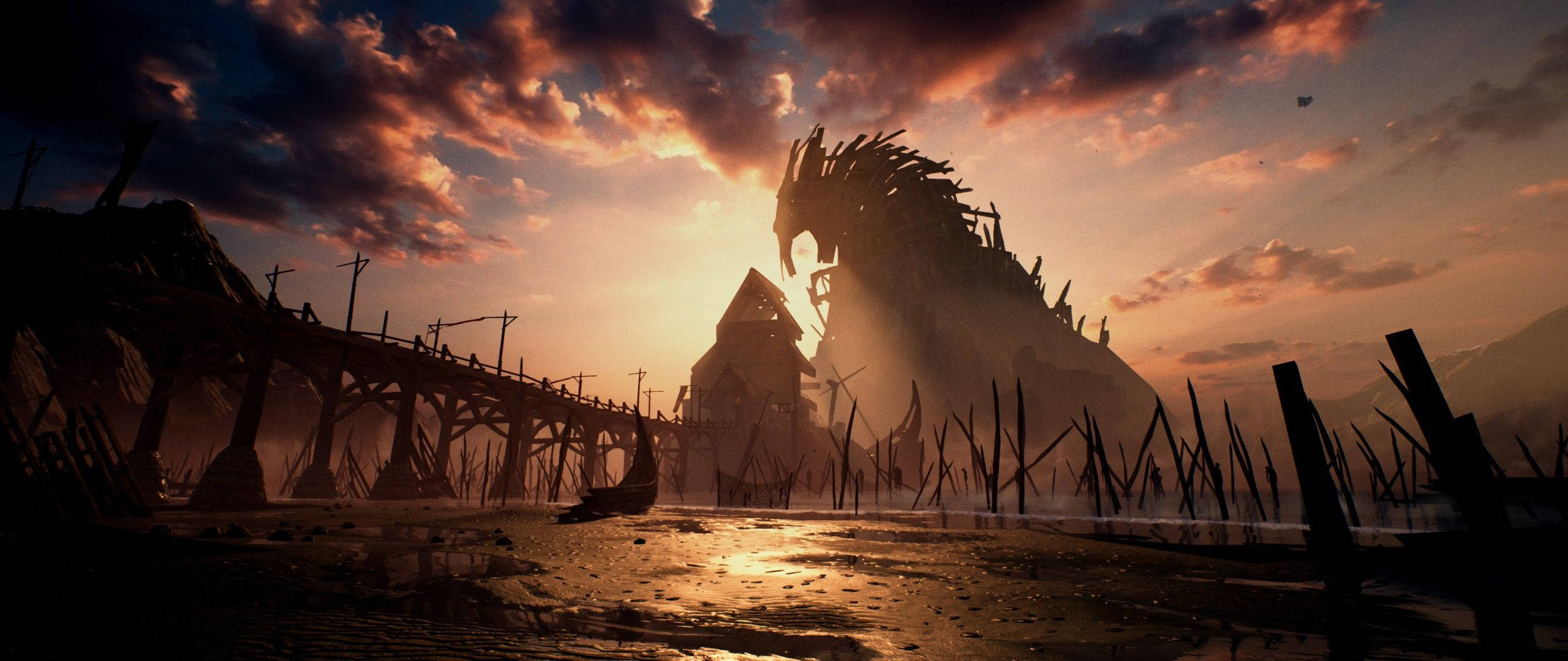 dragon silhouette, ruined wooden bridge, sunset, 2K Desktop Wallpaper
