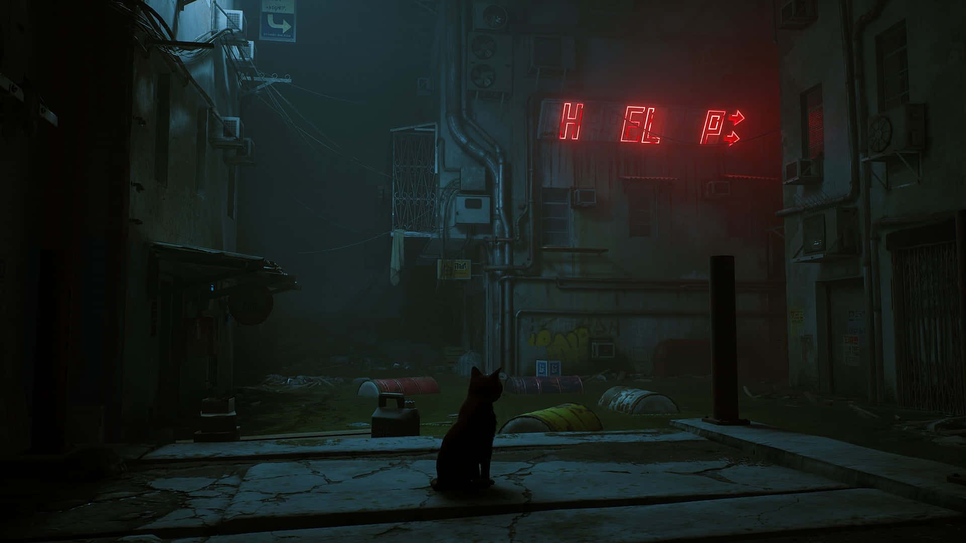 Dystopian Desolation, black cat, foggy neon-lit alley, Full HD Desktop Wallpaper
